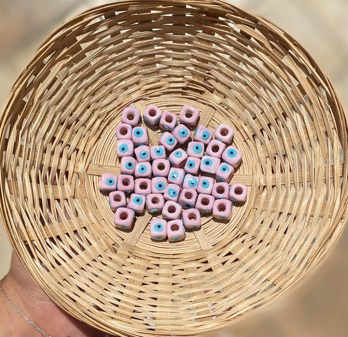 Pembe 4 Gözlü Kare Murano Cam Boncuk