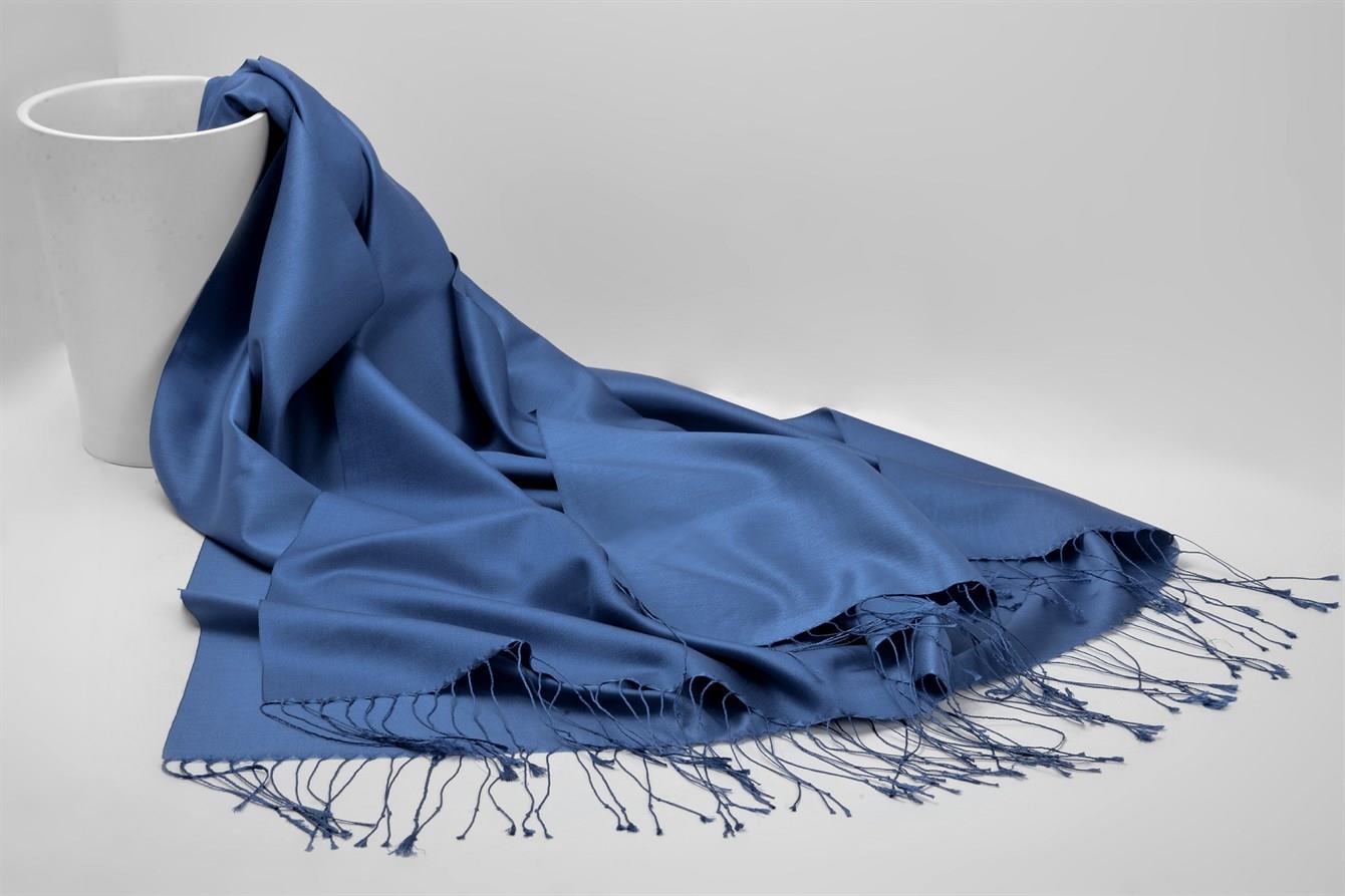 Armanda Çift Taraflı Düz Renk İpek Şal 3011-Koyu Kot Mavisi