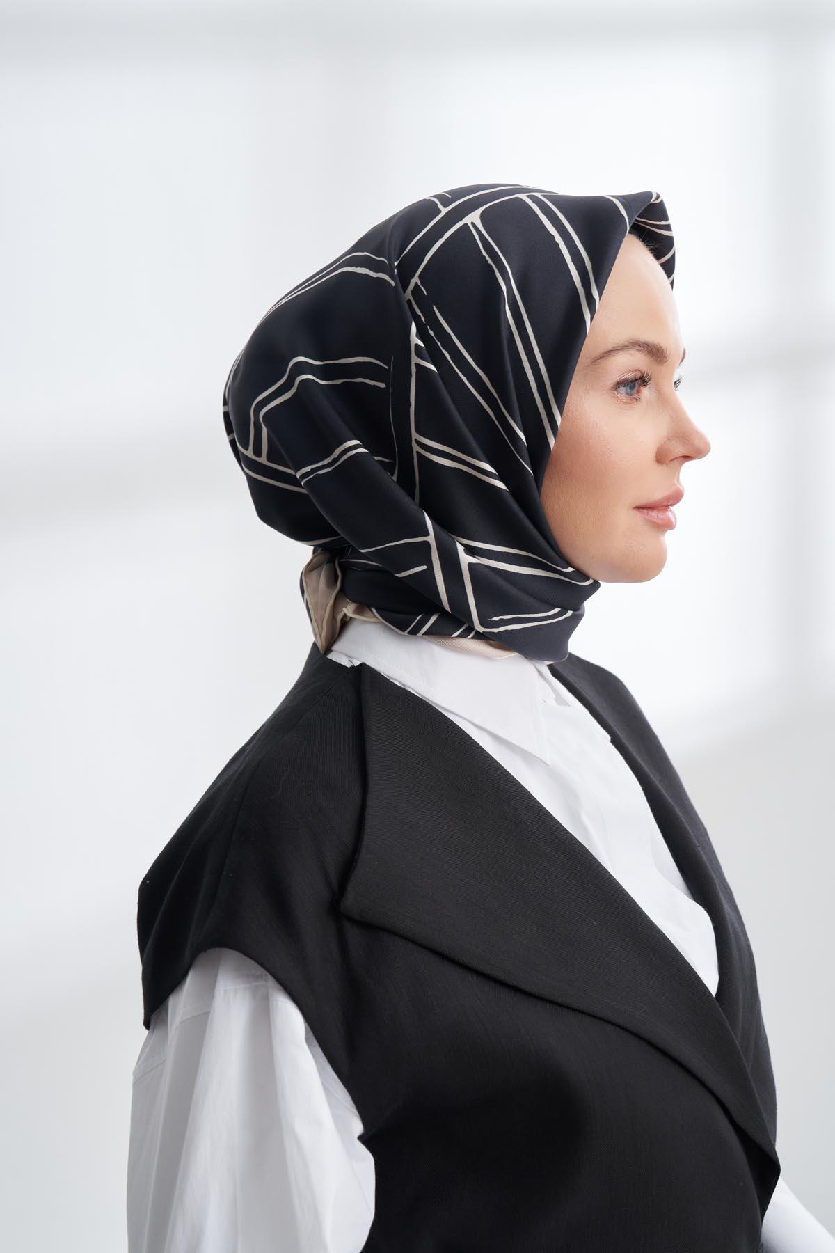 Armanda Çift Taraflı Marbling Desen Tivil İpek Eşarp 4309-Siyah Lacivert