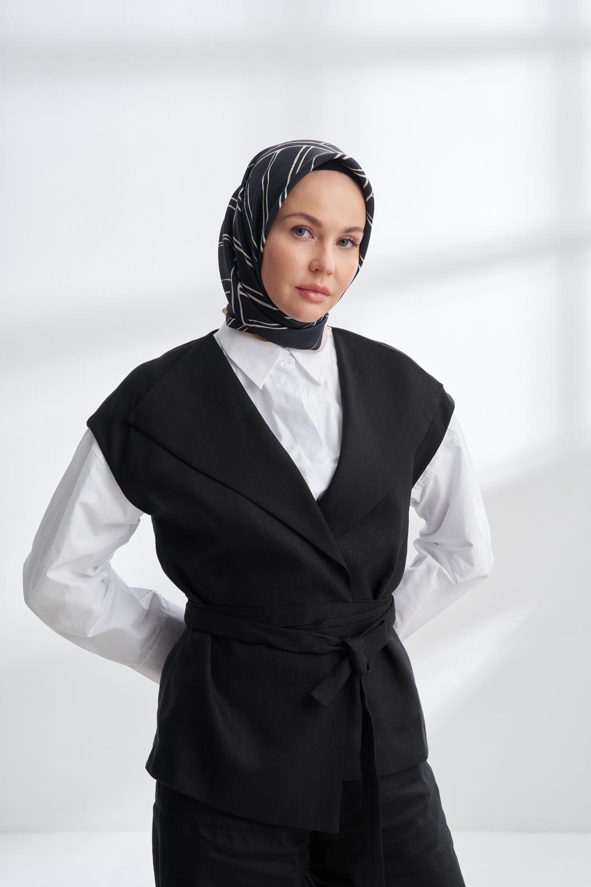 Armanda Çift Taraflı Marbling Desen Tivil İpek Eşarp 4309-Siyah Lacivert