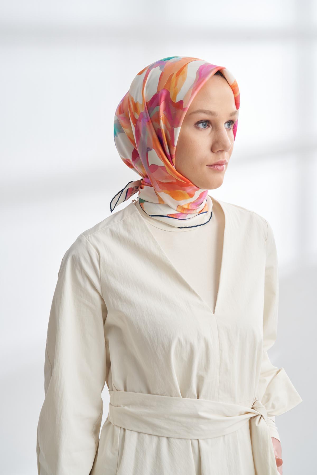 Armanda Crayon Desen Tivil İpek Eşarp 4305-Gülpembe