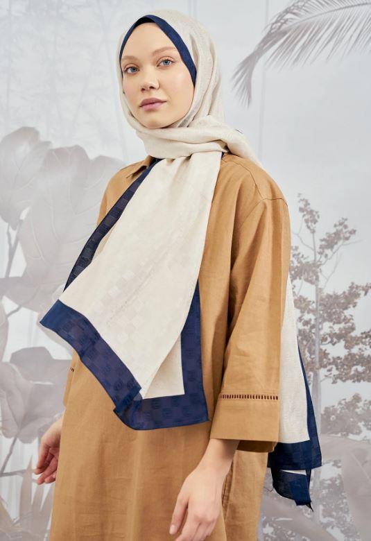 Armanda Dama Monogram Desenli Şal 3041-Lacivert Bej