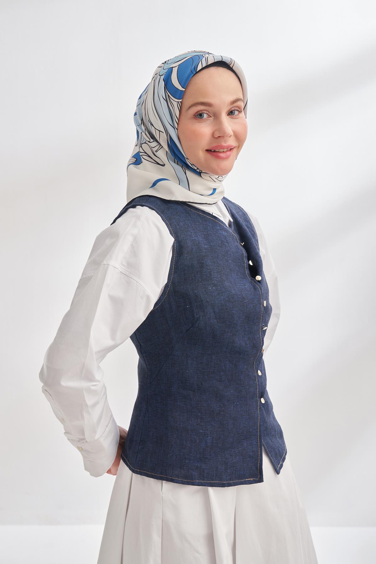 Armanda İvory Desen Tivil İpek Eşarp 4356-Krem İndigo