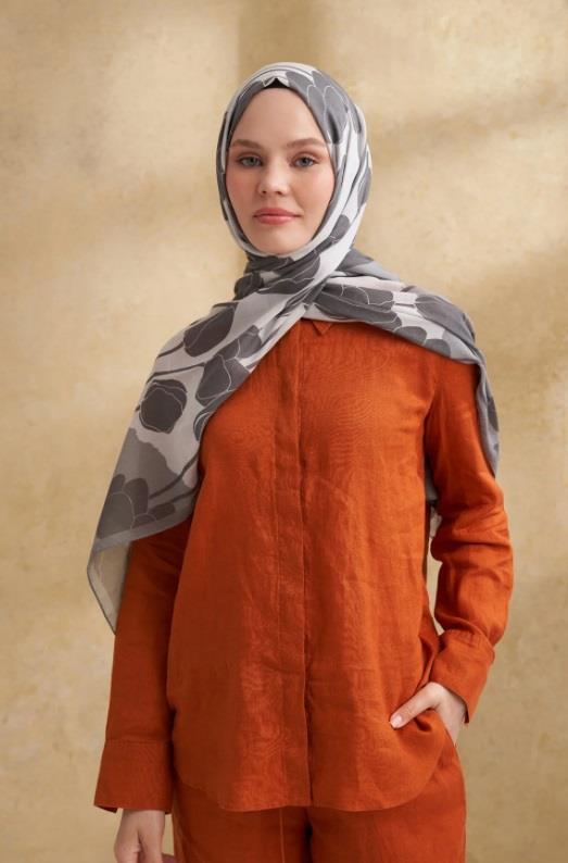 Armanda Lale Desen Şal 3380-Gri Ekru