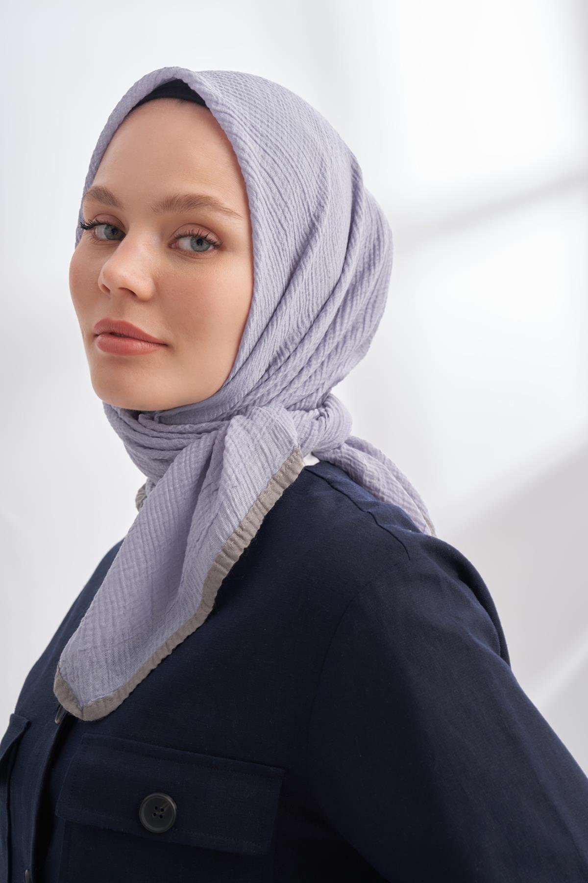 Armanda Müslin Biyeli Eşarp 3353-Gri Mavi