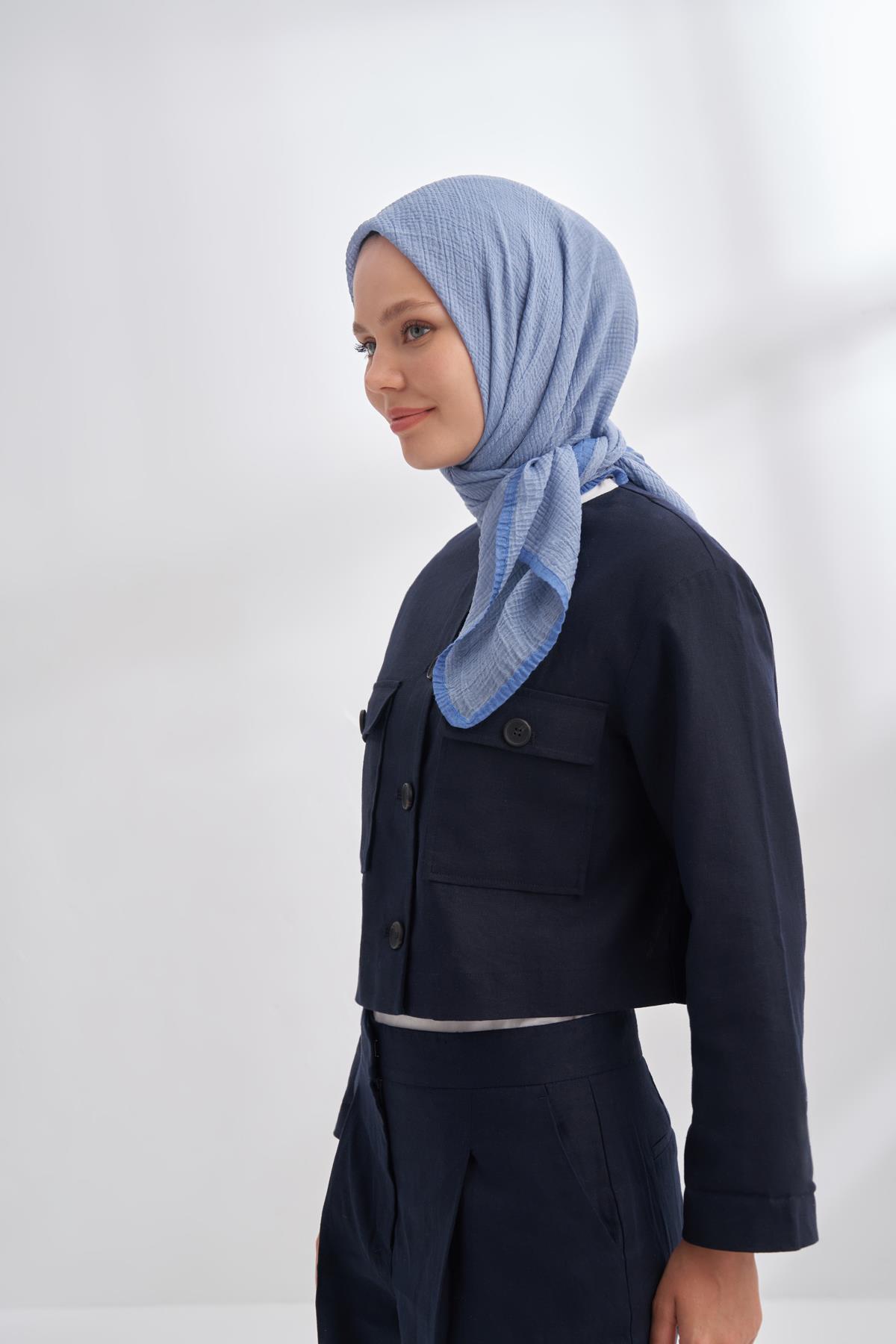 Armanda Müslin Biyeli Eşarp 3353-Kot Mavisi
