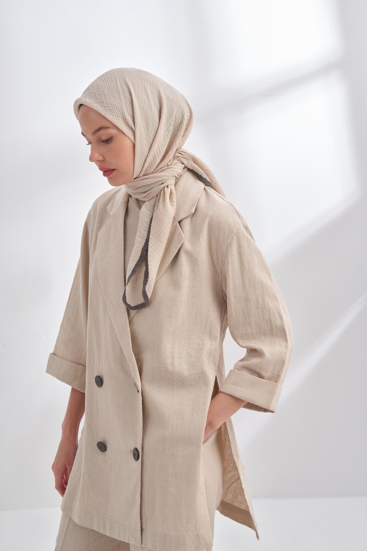 Armanda Müslin Biyeli Eşarp 3353-Krem