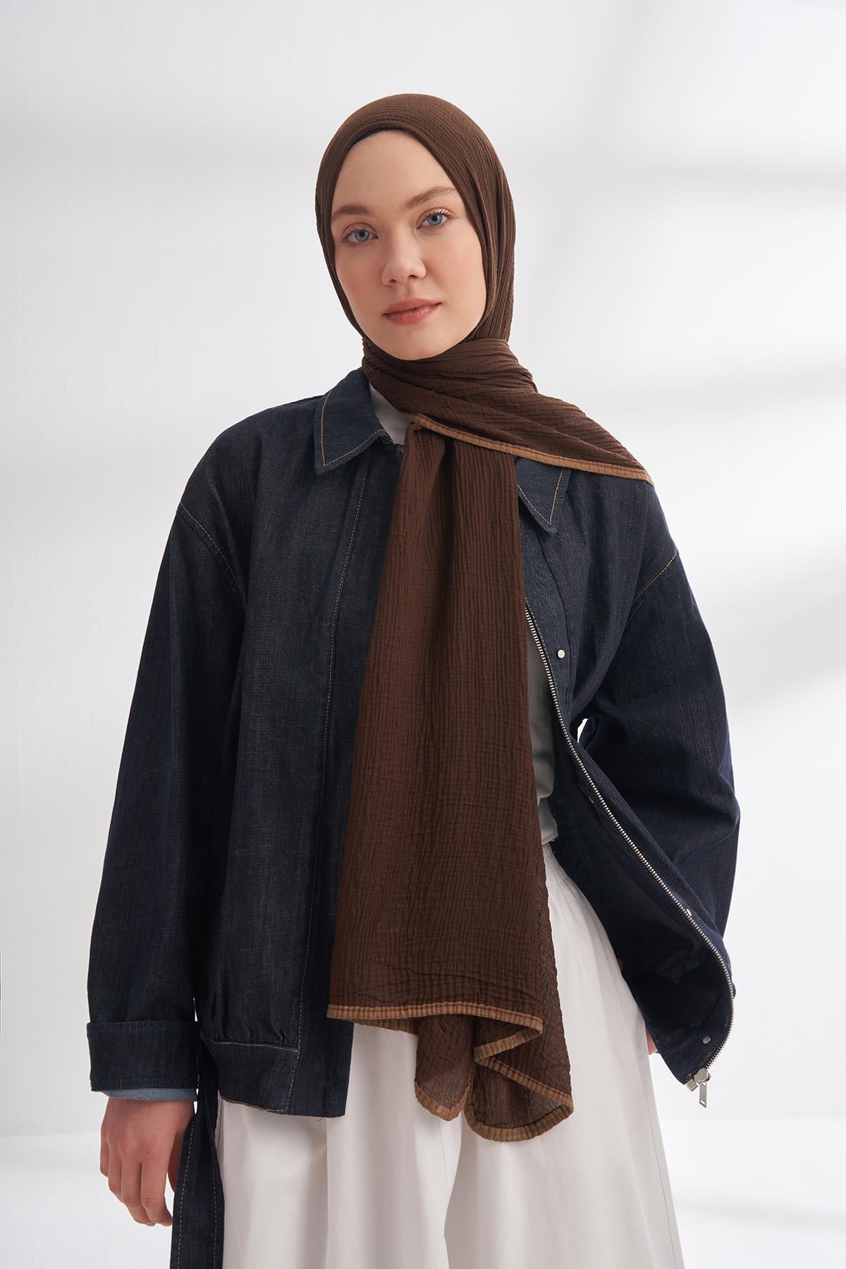 Armanda Müslin Biyeli Şal 3352-Acı Kahve