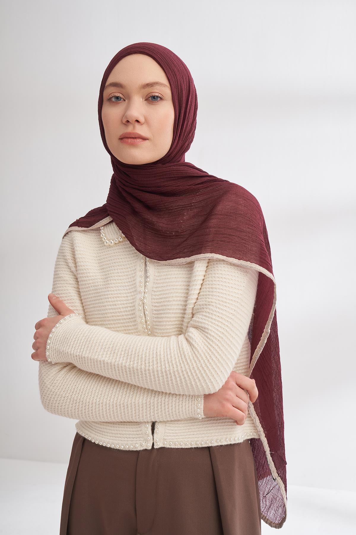 Armanda Müslin Biyeli Şal 3352-Burgundy