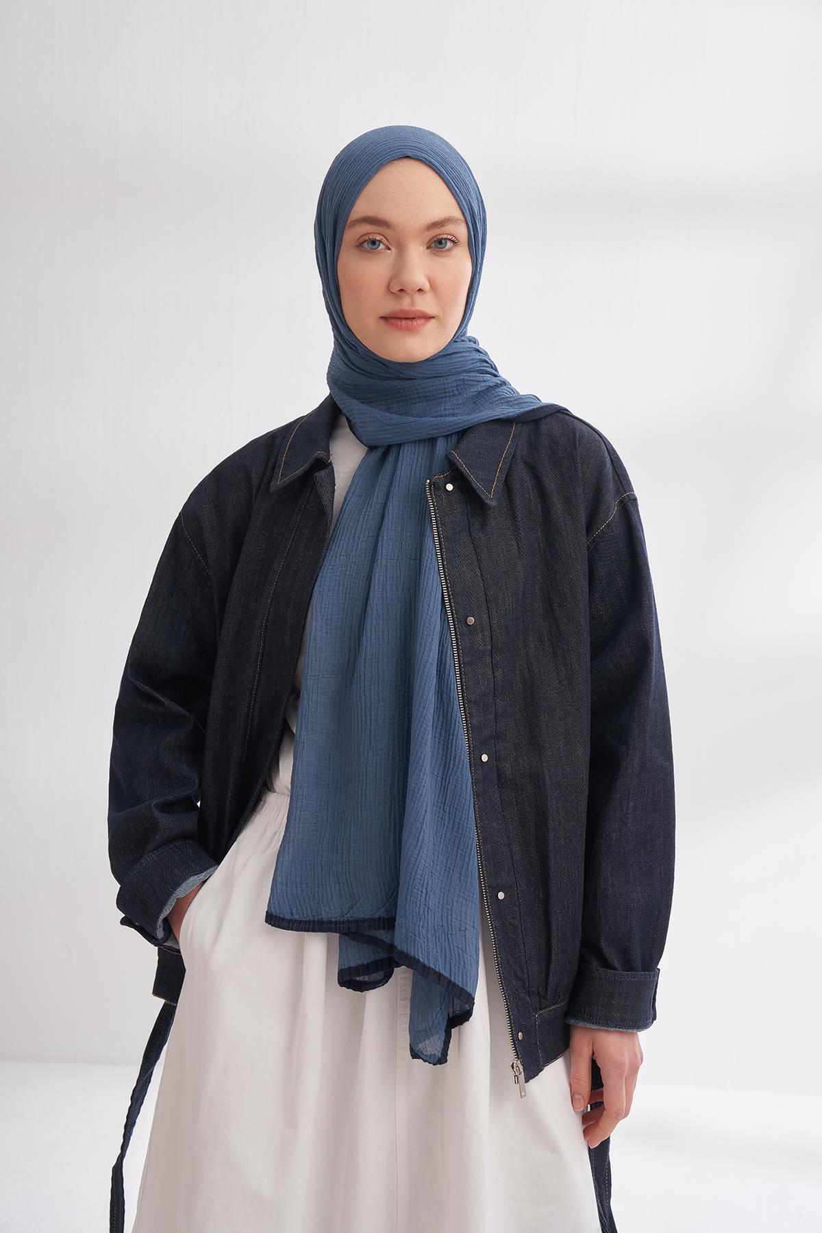 Armanda Müslin Biyeli Şal 3352-İNDİGO
