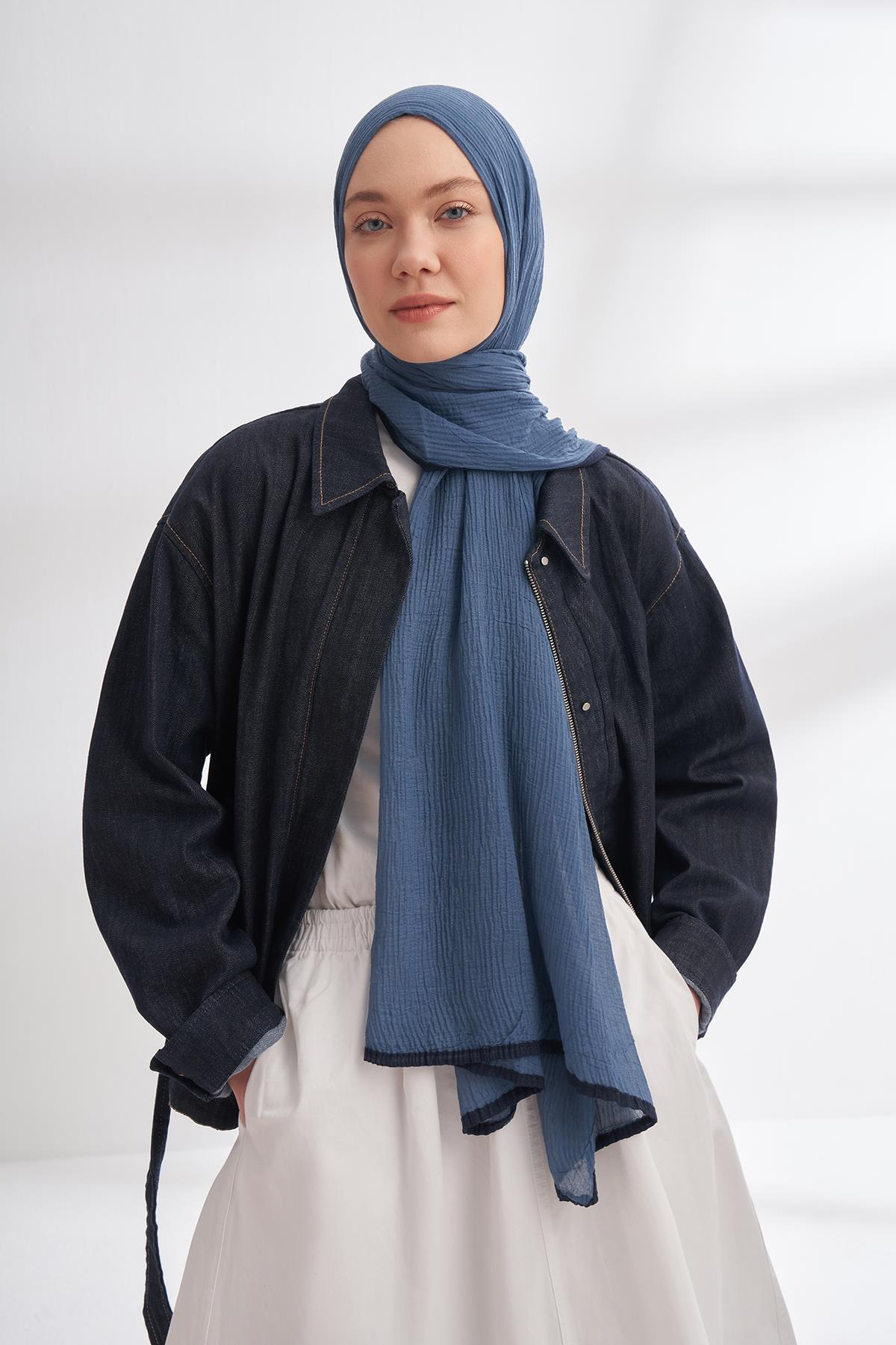 Armanda Müslin Biyeli Şal 3352-İNDİGO