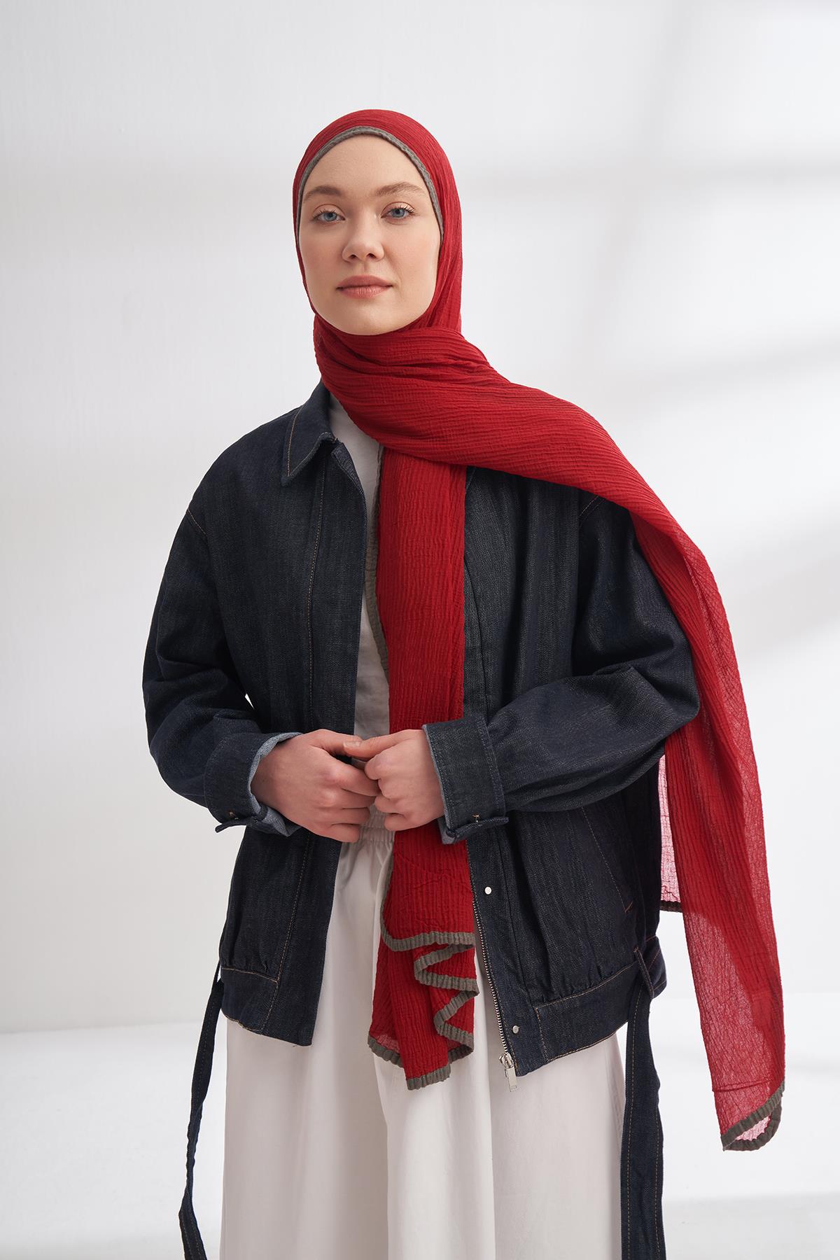 Armanda Müslin Biyeli Şal 3352-Kırmızı