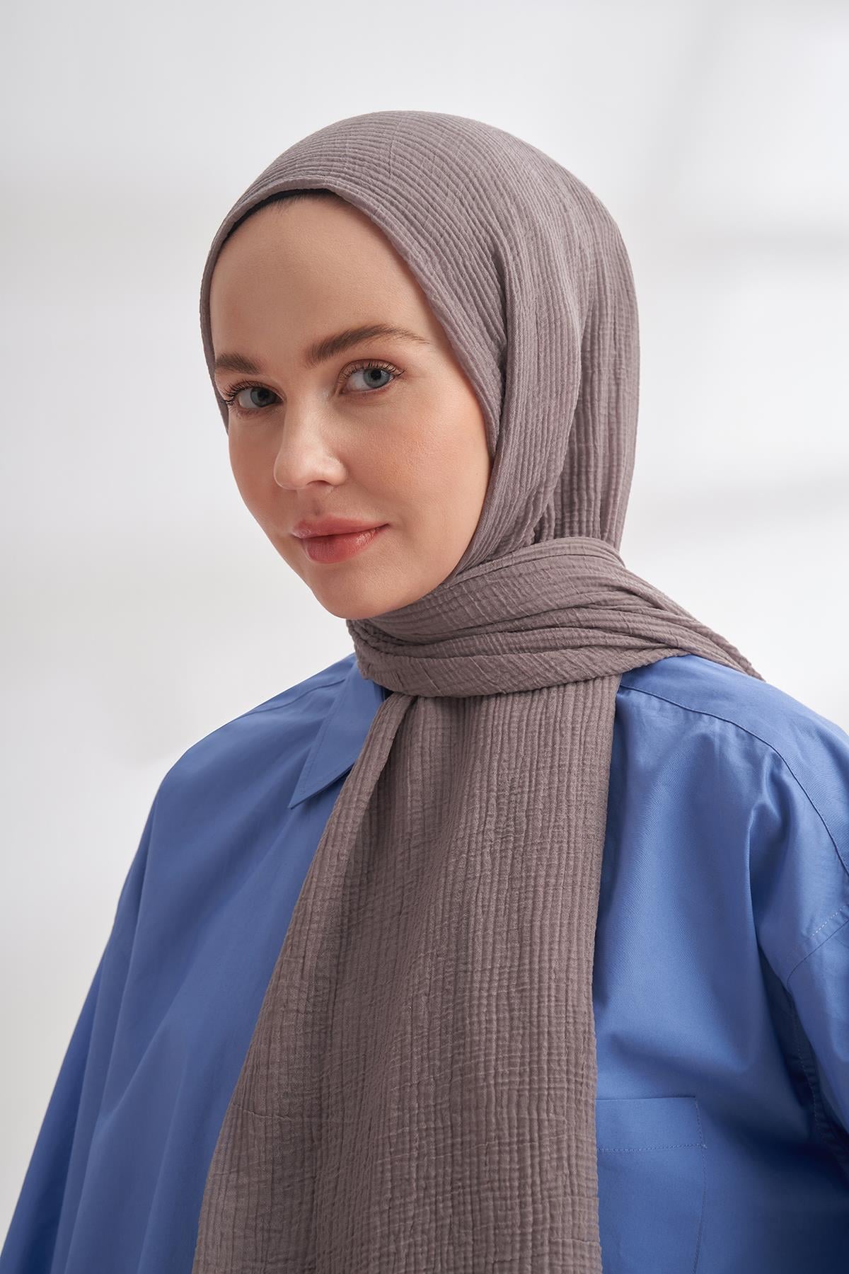 Armanda Müslin Biyeli Şal 3352-Koyu Gri