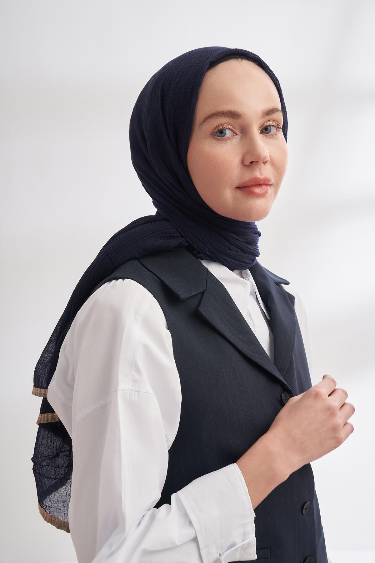 Armanda Müslin Biyeli Şal 3352-Lacivert