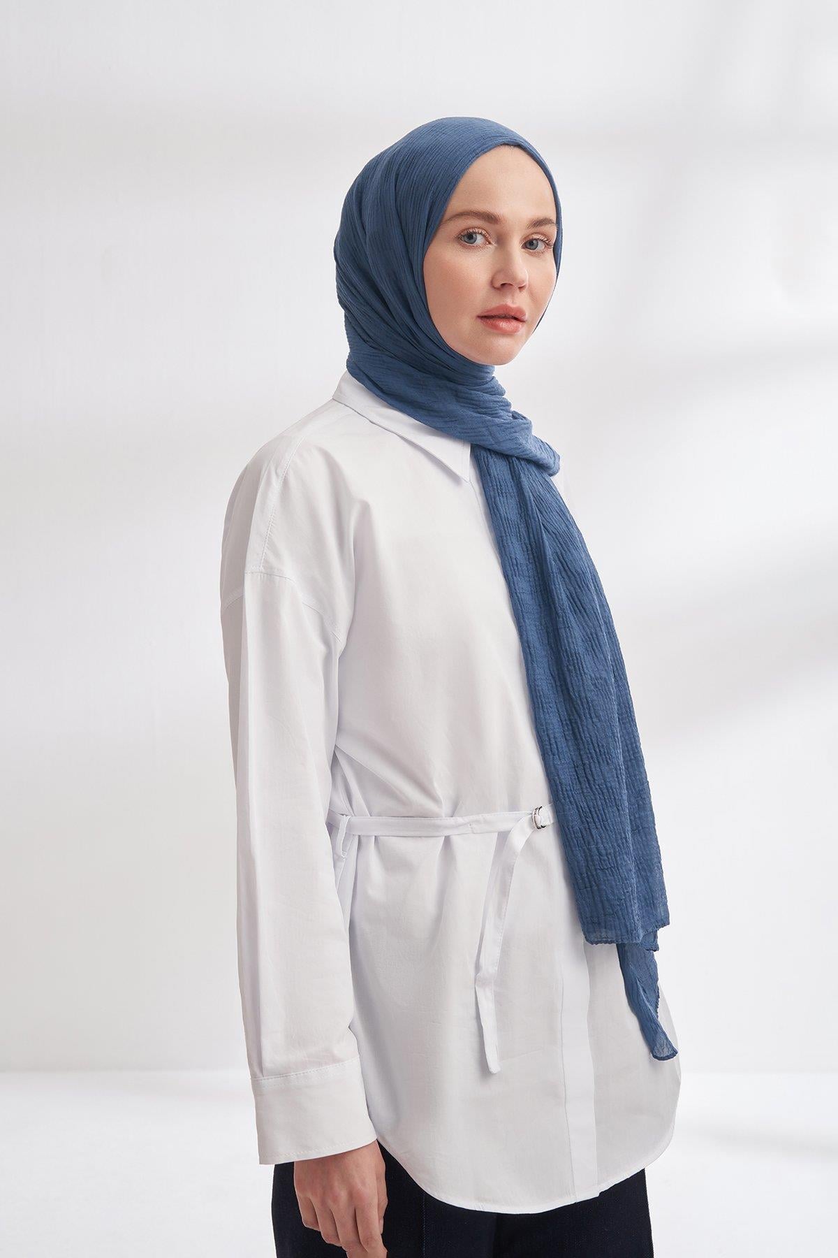 Armanda Müslin Dama Desen Şal 3350-İndigo