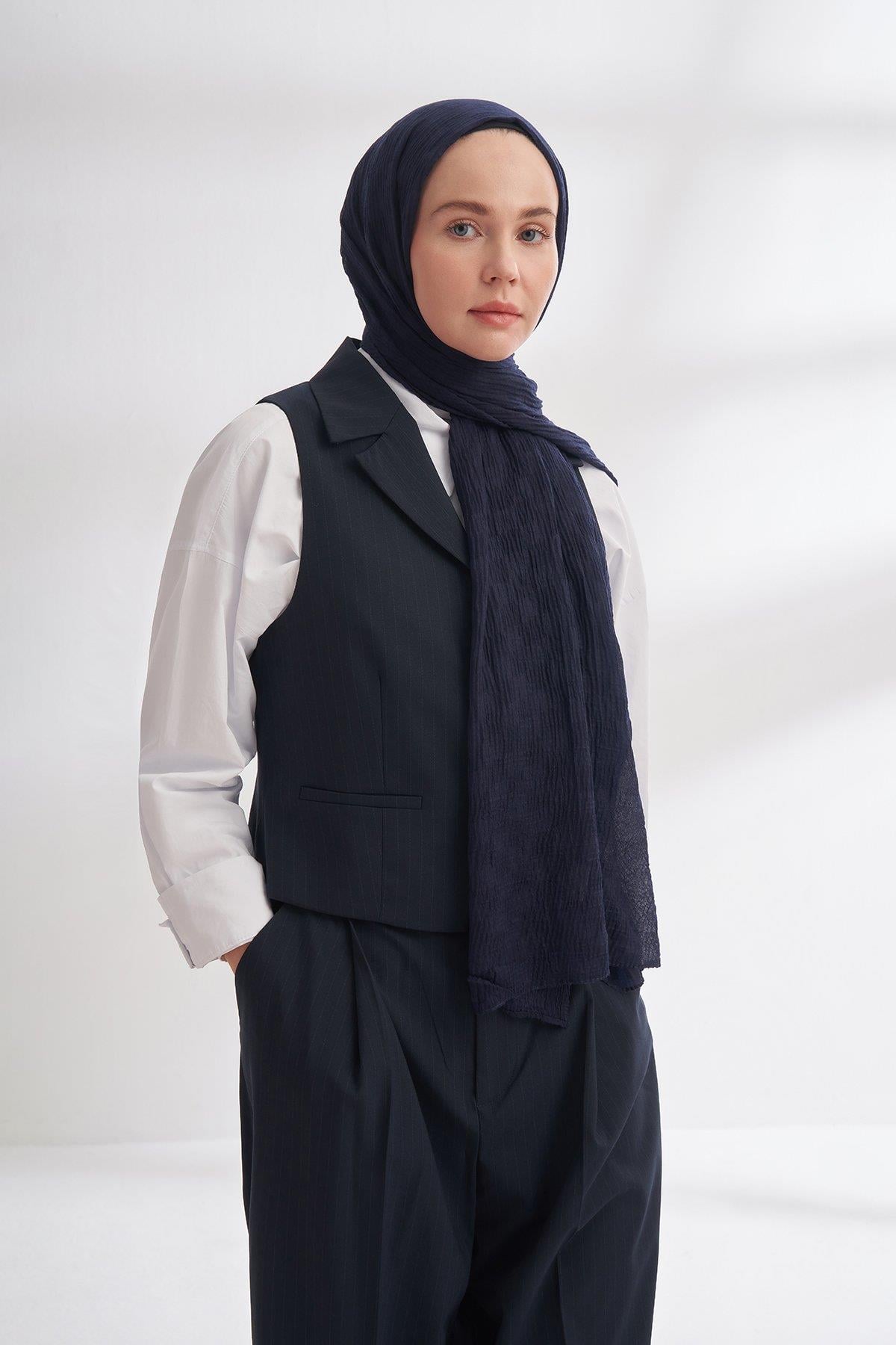 Armanda Müslin Dama Desen Şal 3350-Lacivert