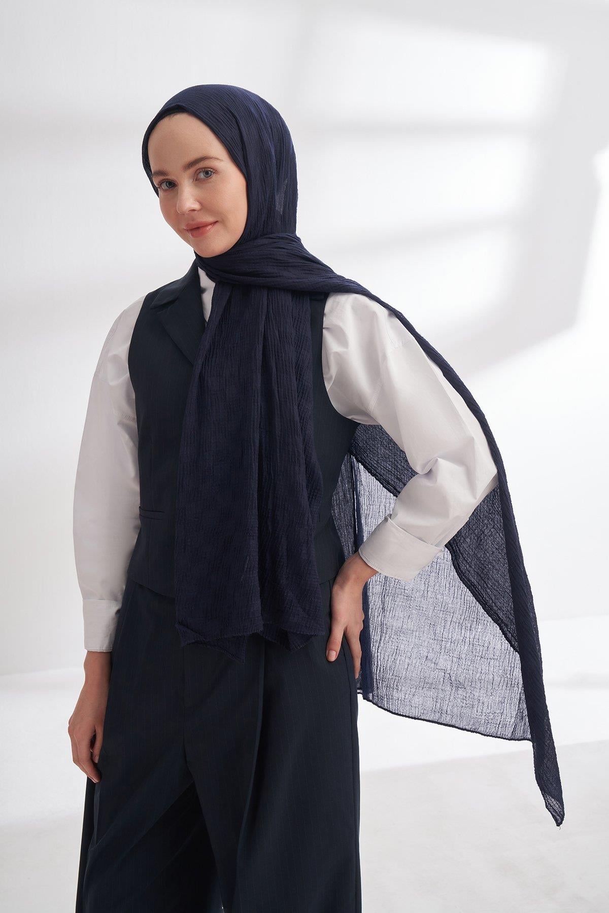 Armanda Müslin Dama Desen Şal 3350-Lacivert