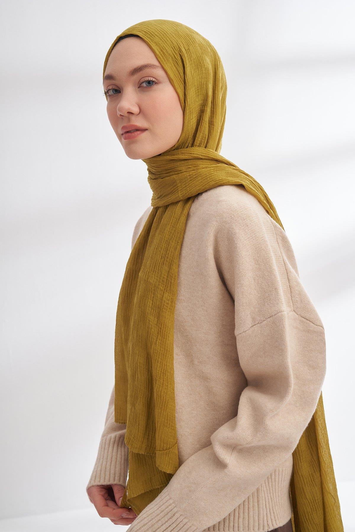 Armanda Müslin Dama Desen Şal 3350-Zeytin