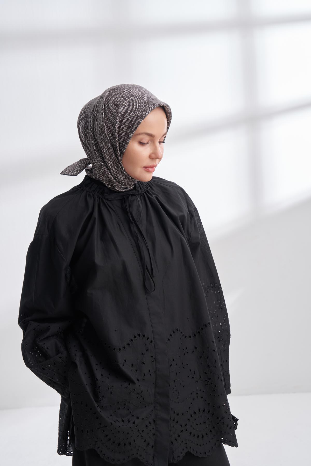 Armanda Noire Desen Tivil İpek Eşarp 4303-Siyah
