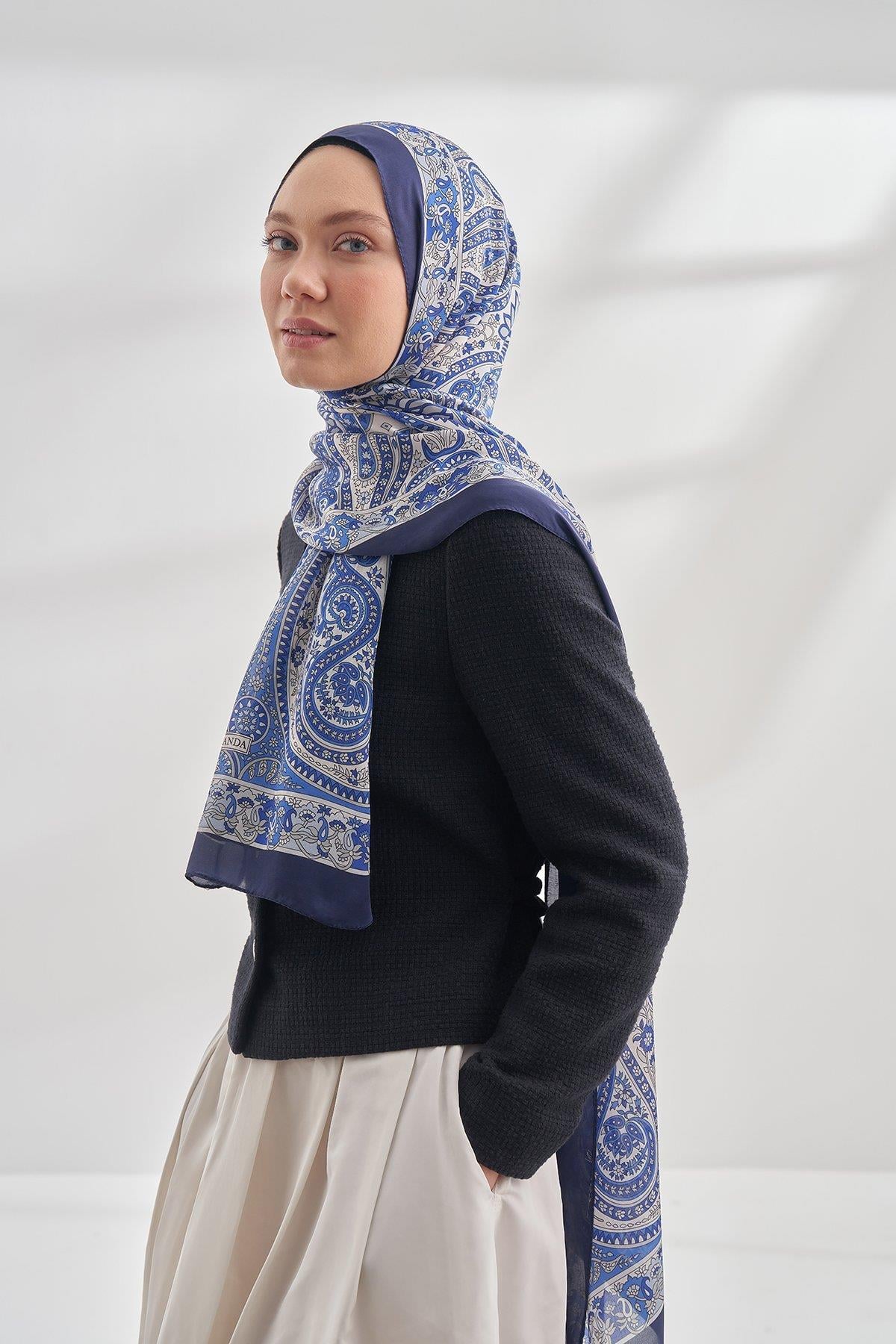 Armanda Özel Seri Etnik Desen Şal 6035-Lacivert-Saks