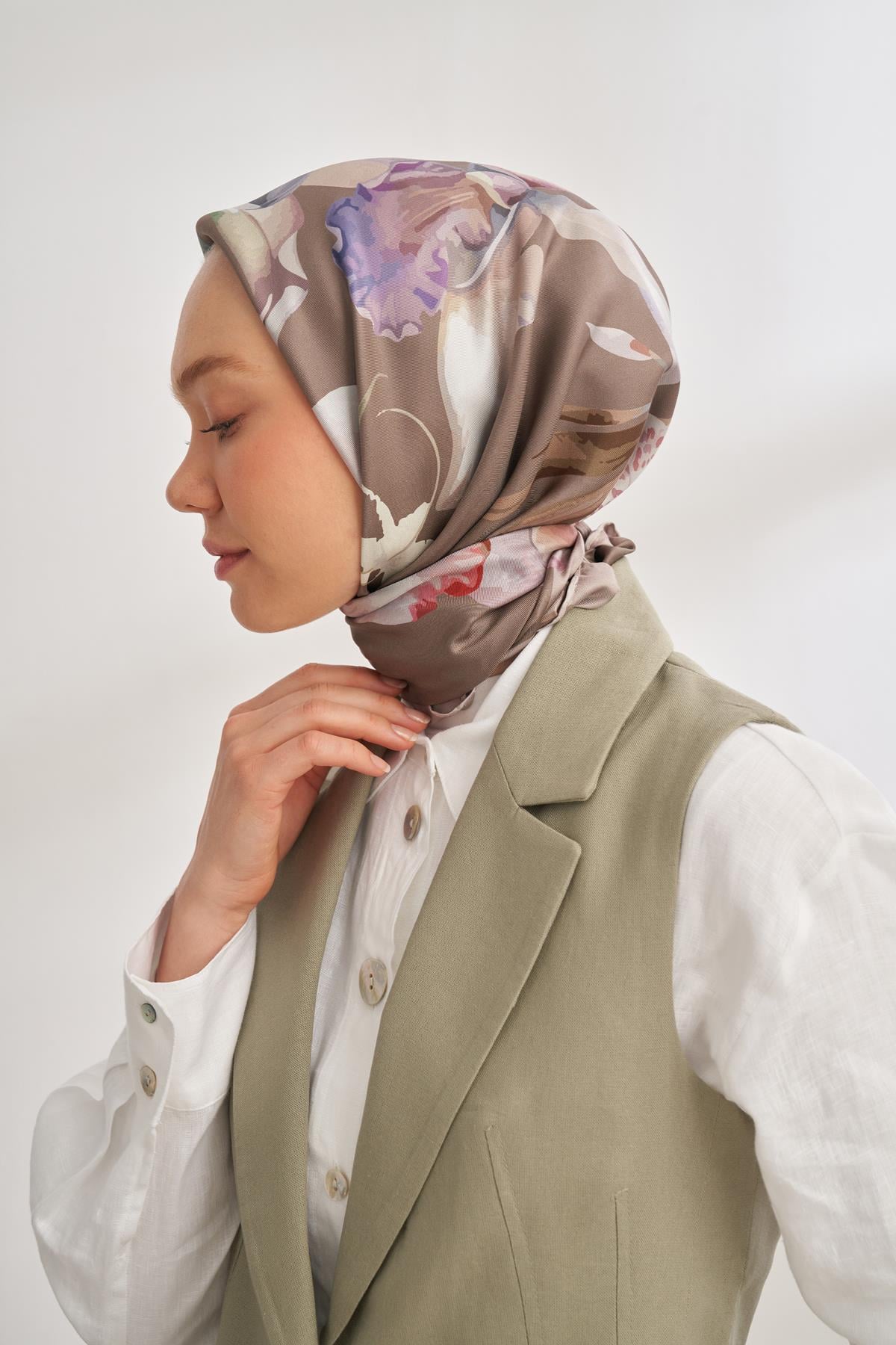 Armanda Rosie DesenTivil İpek Eşarp 4315-Vizon