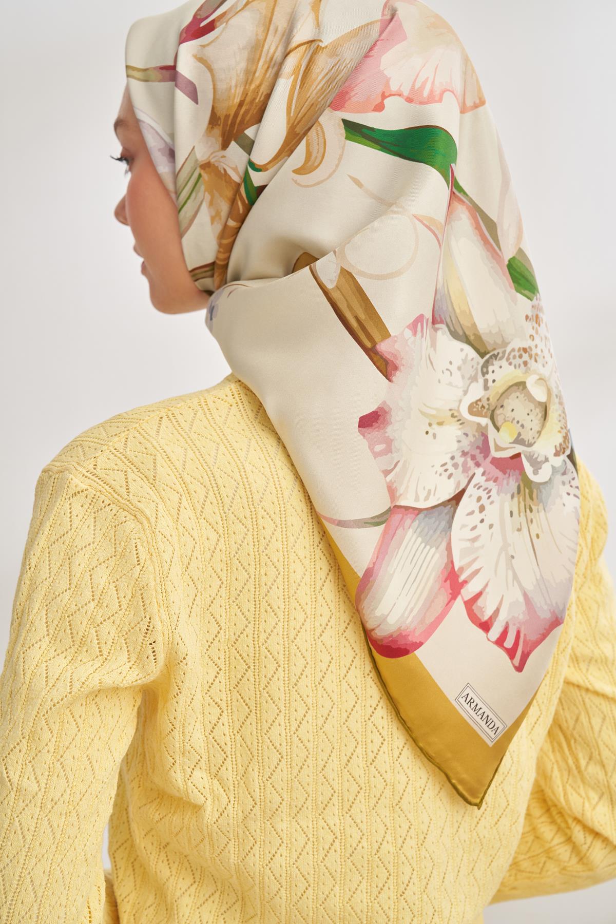 Armanda Rosie DesenTivil İpek Eşarp 4315-Yağ Yeşili
