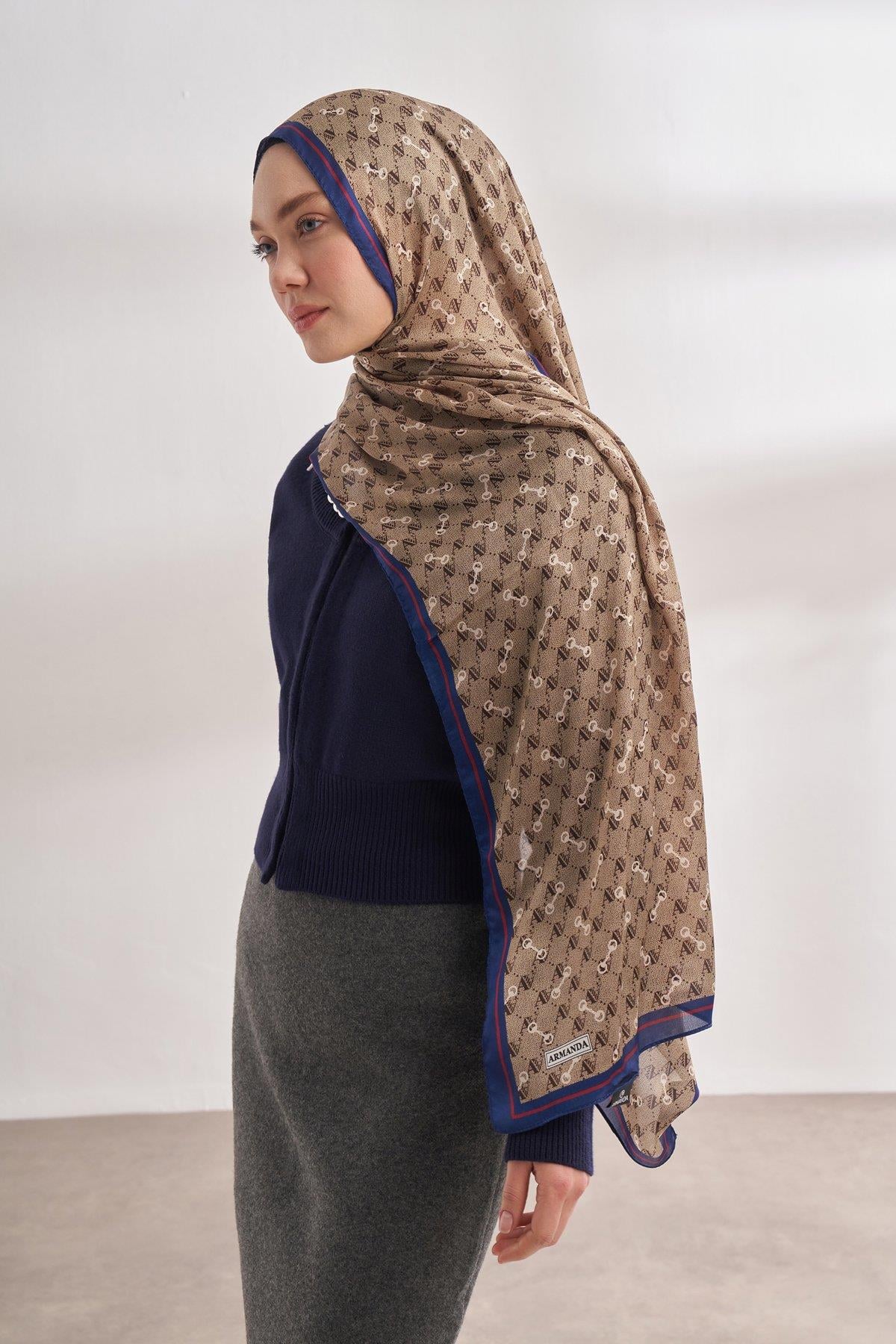 Armanda Vual Monogram Desen Şal 3361-Bej Saks