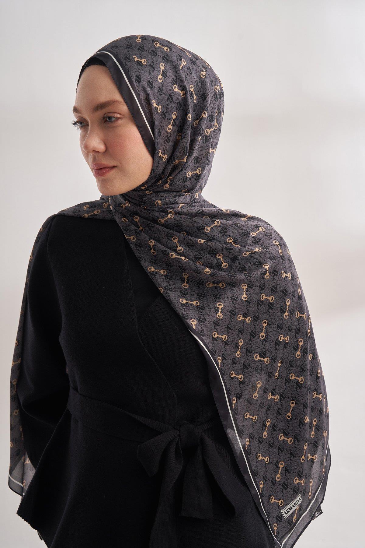 Armanda Vual Monogram Desen Şal 3361-Füme