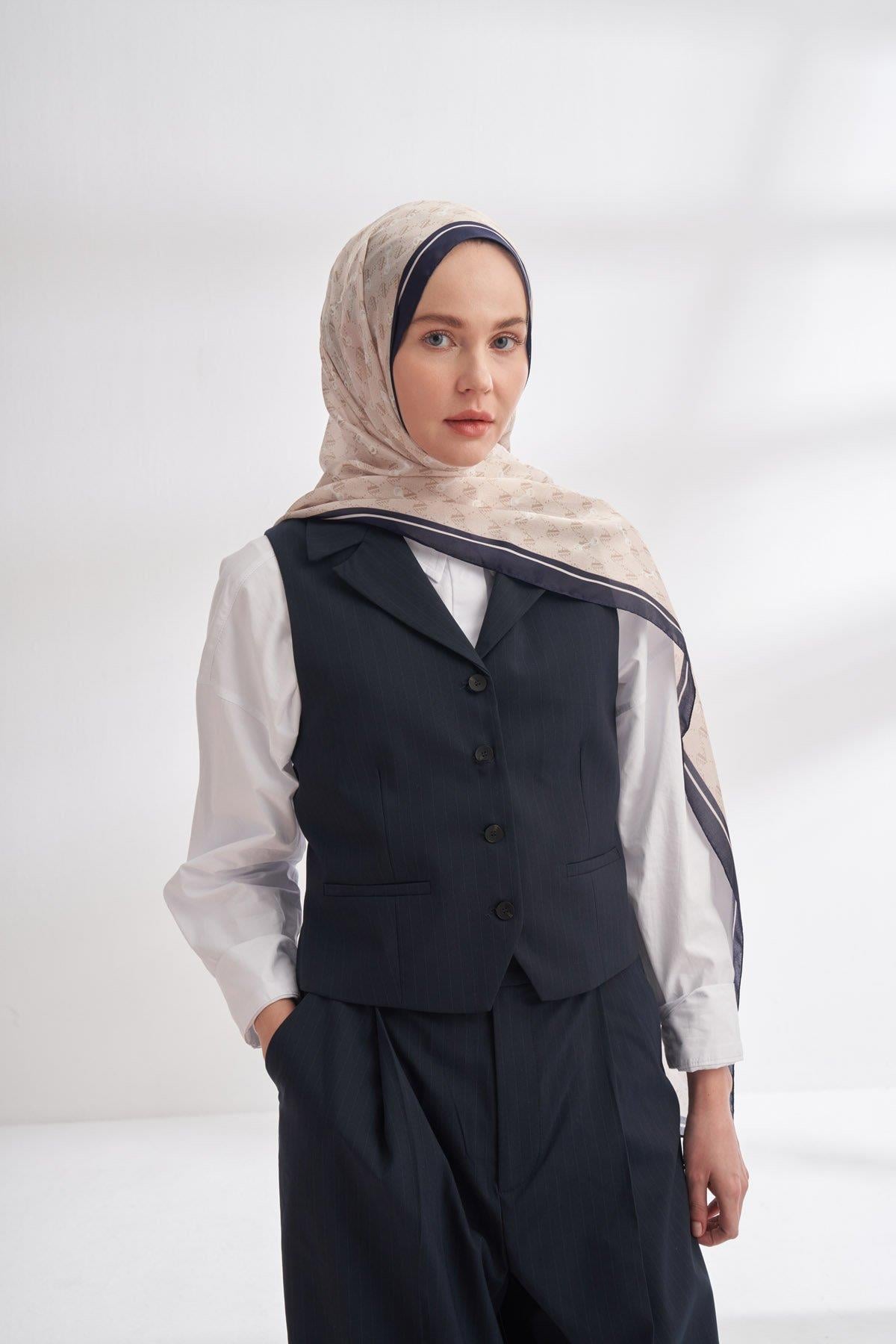 Armanda Vual Monogram Desen Şal 3361-Lacivert Bej