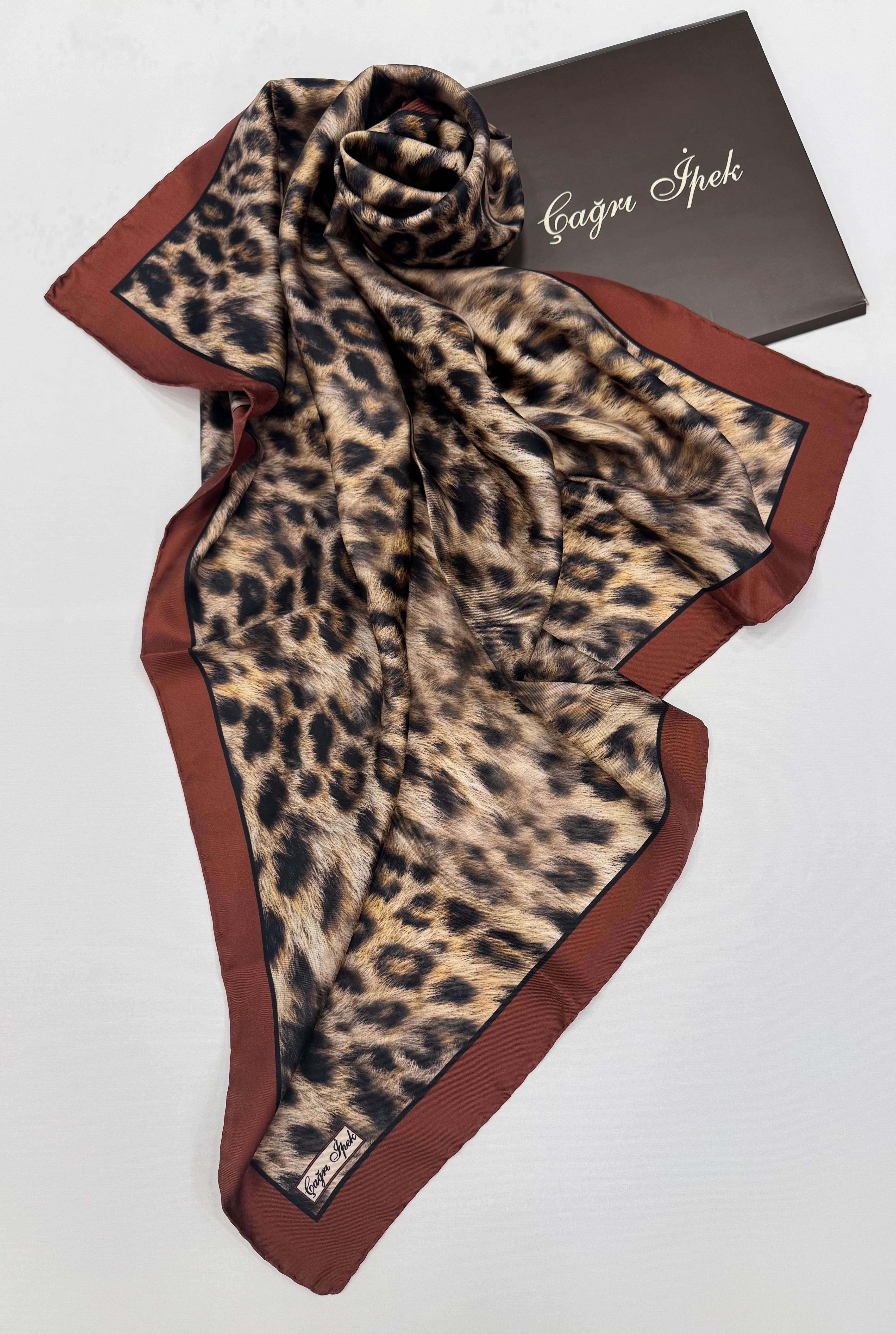 Çağrı İpek Leopar Desen Tivil İpek Eşarp 16032025-Bordo