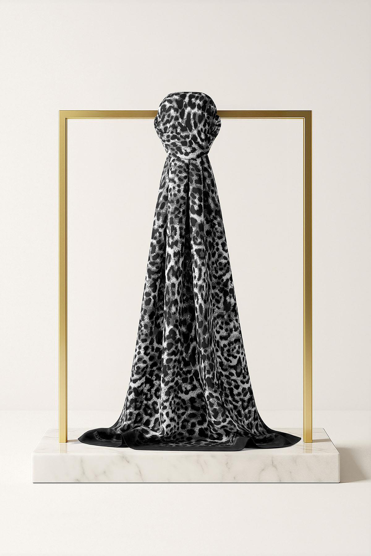 Çağrı İpek Leopar Desenli Demor Krep İpek Şal 15258-3