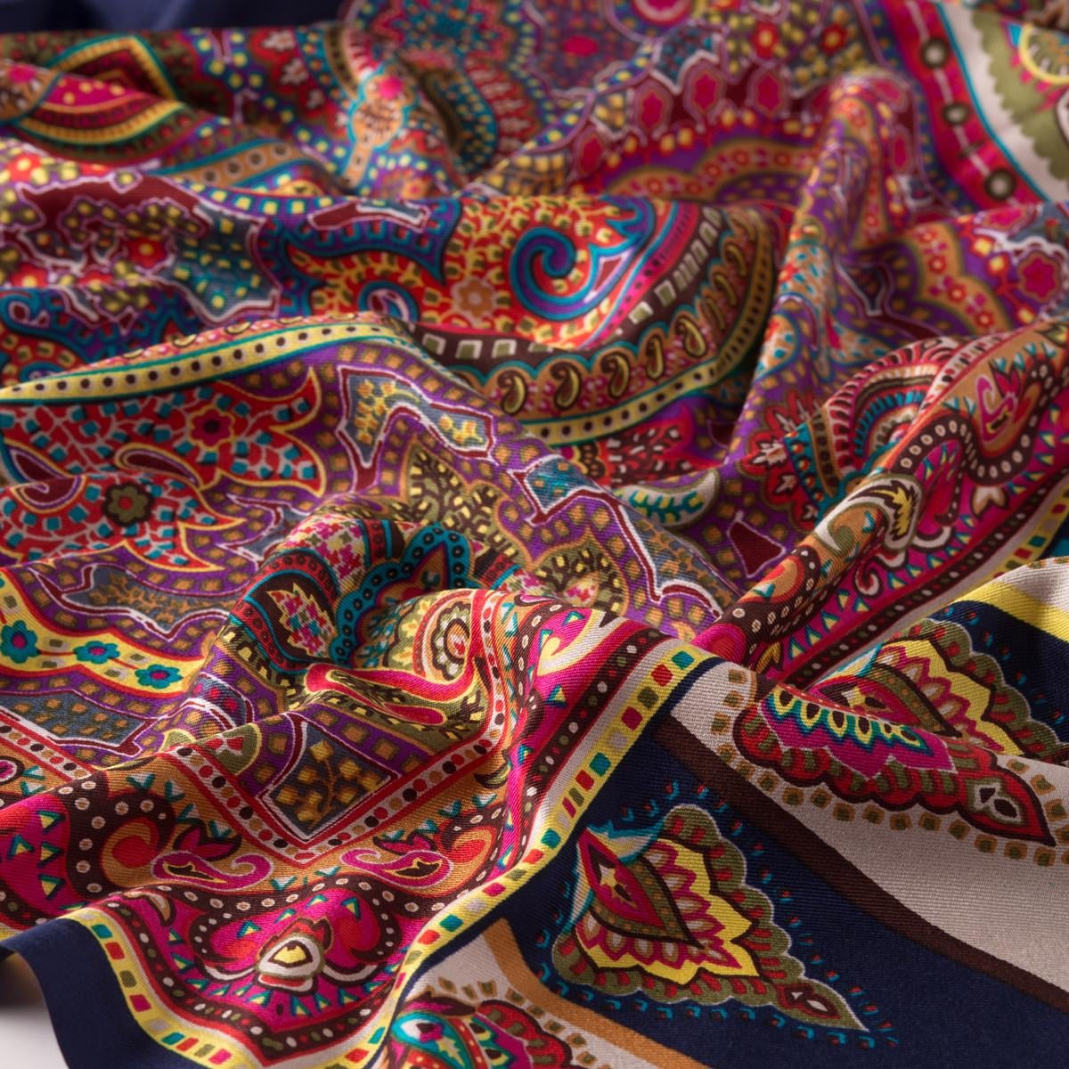 İpekevi Çerçeve Paisley Desenli İpek Şal 06564-Lacivert