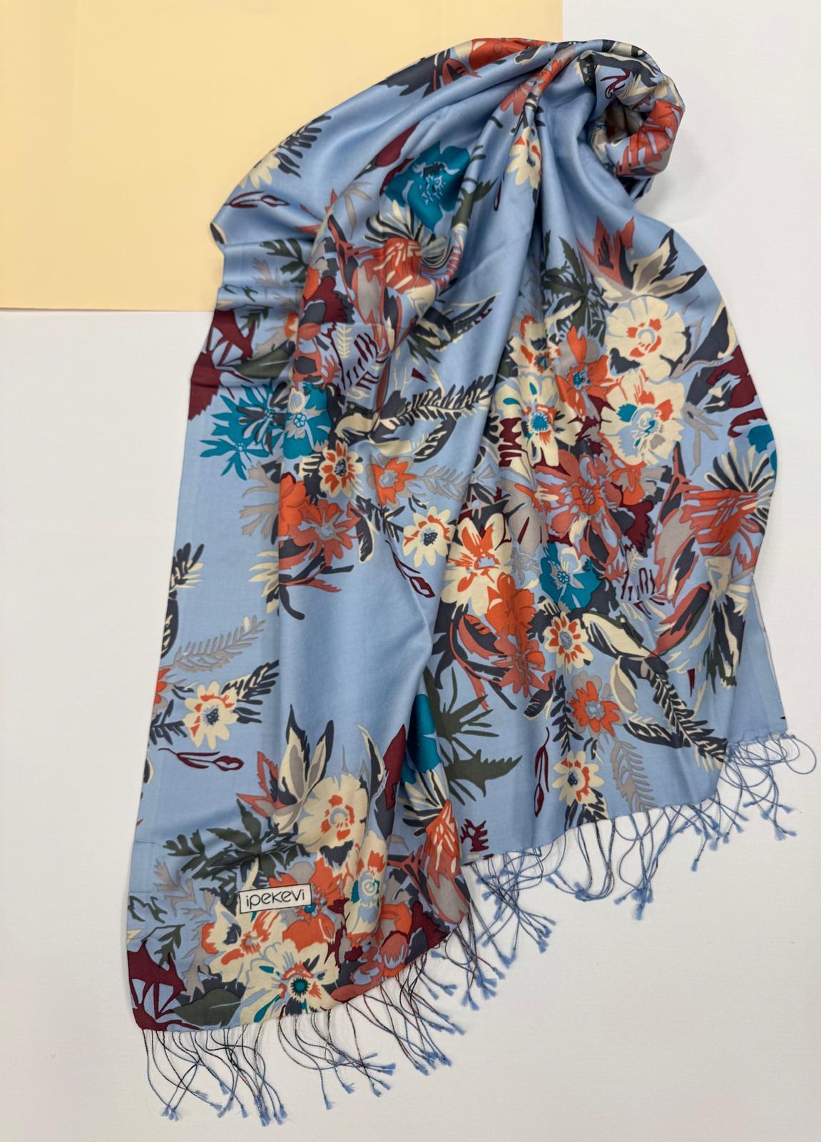 İpekevi Desenli Floral İpek Şal 6108-Bebe Mavisi