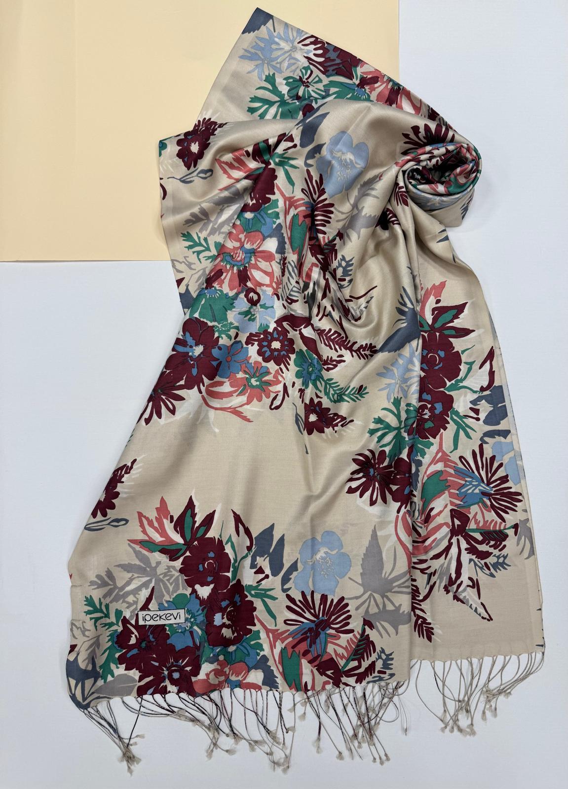 İpekevi Desenli Floral İpek Şal 6108-Vizon