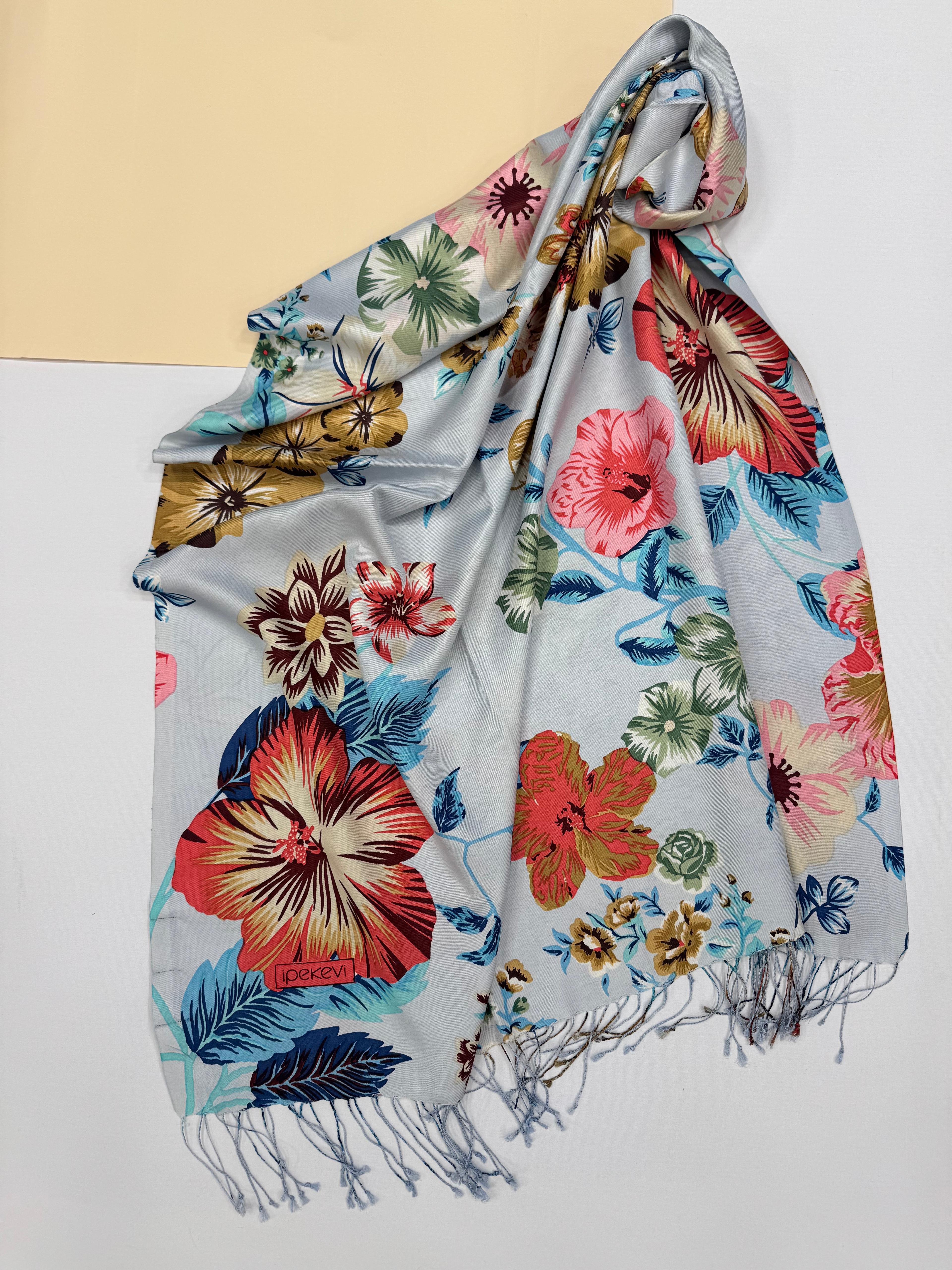 İpekevi Floral Desenli İpek Şal 6107-Bebe Mavisi