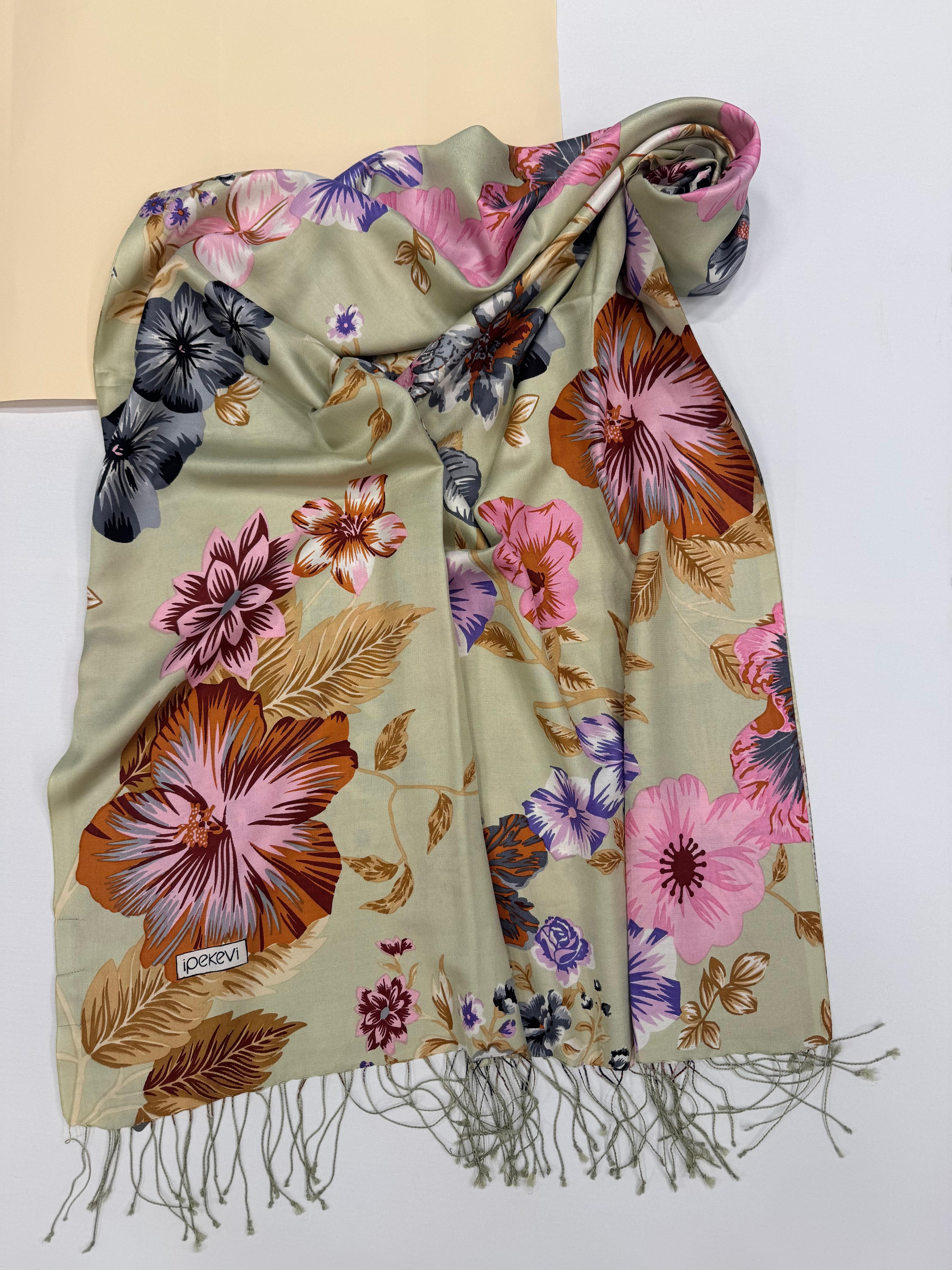 İpekevi Floral Desenli İpek Şal 6107-Fıstık Yeşili