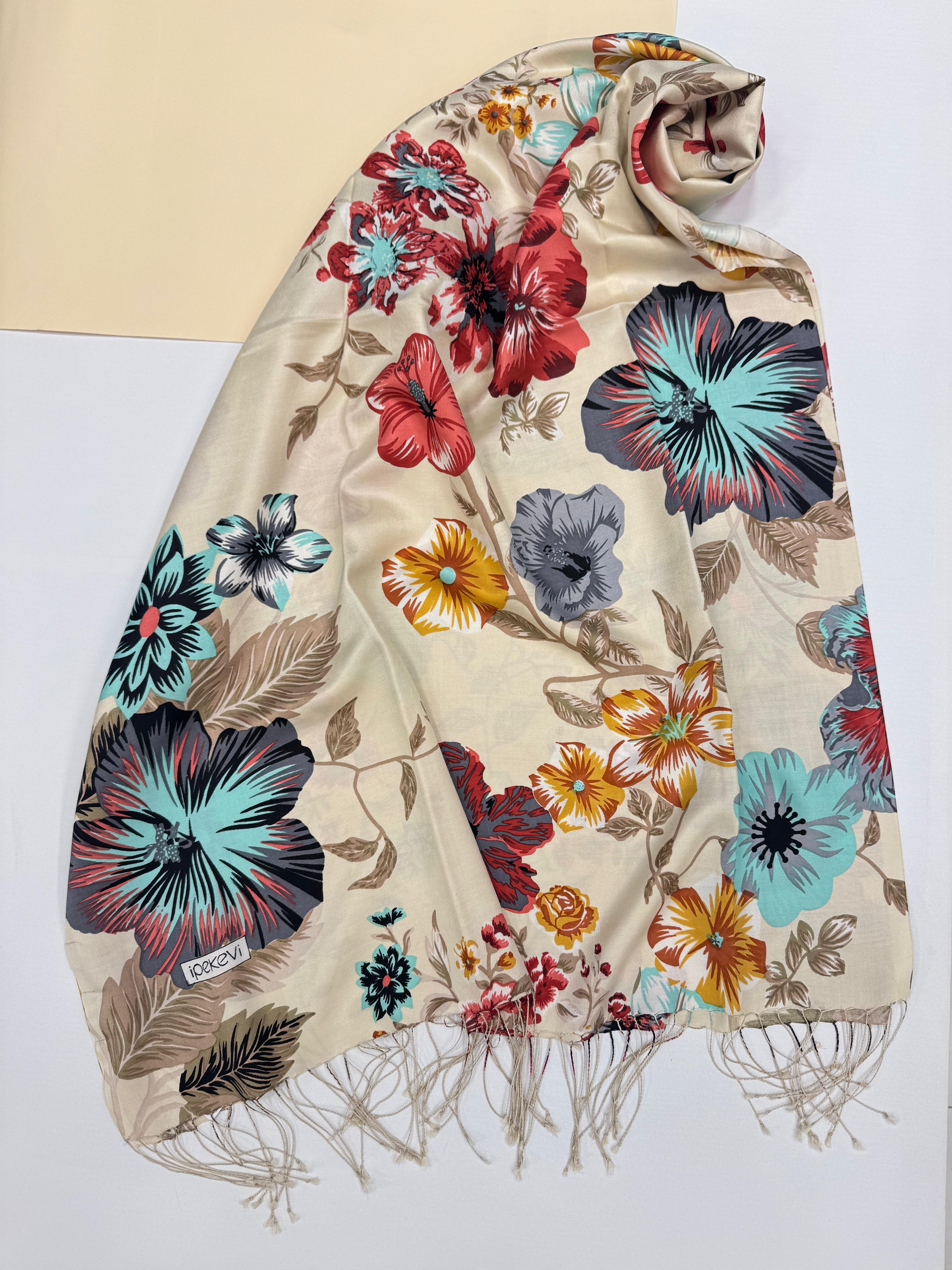 İpekevi Floral Desenli İpek Şal 6107-Krem