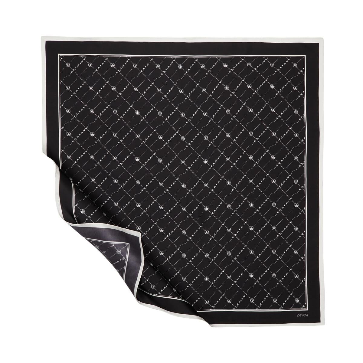 İpekevi İpek Monogram Tivil Eşarp 1141-Siyah Beyaz