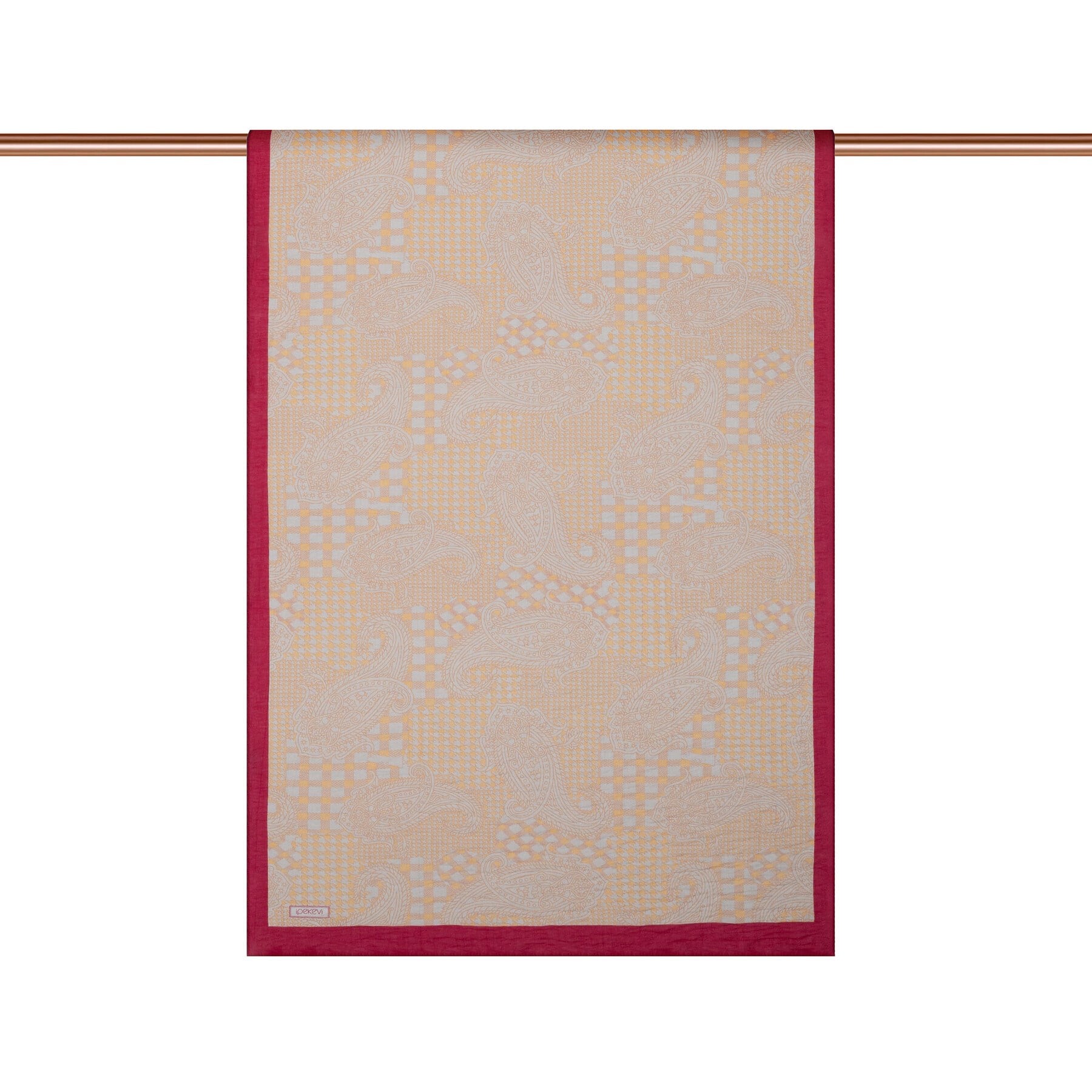İpekevi Yamalı Paisley Desenli Tensel Şal 02375-Bej Gold