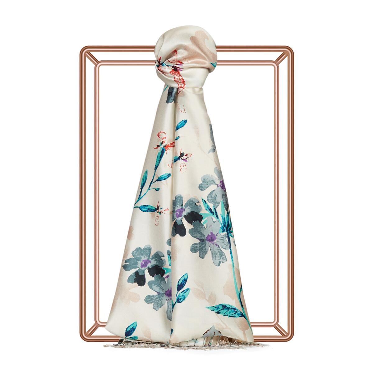 İpekevi Yonca Bahçesi Desenli İpek Şal-Vizon