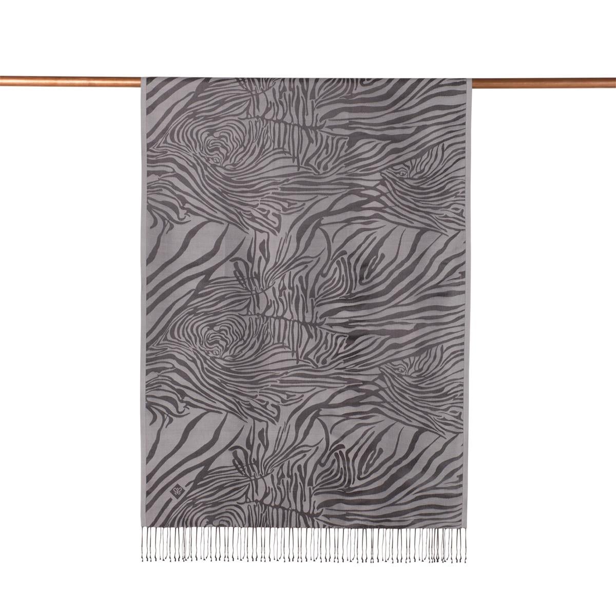 İpekevi Zebra Jakar Desenli İpek Şal 05139-Gümüş