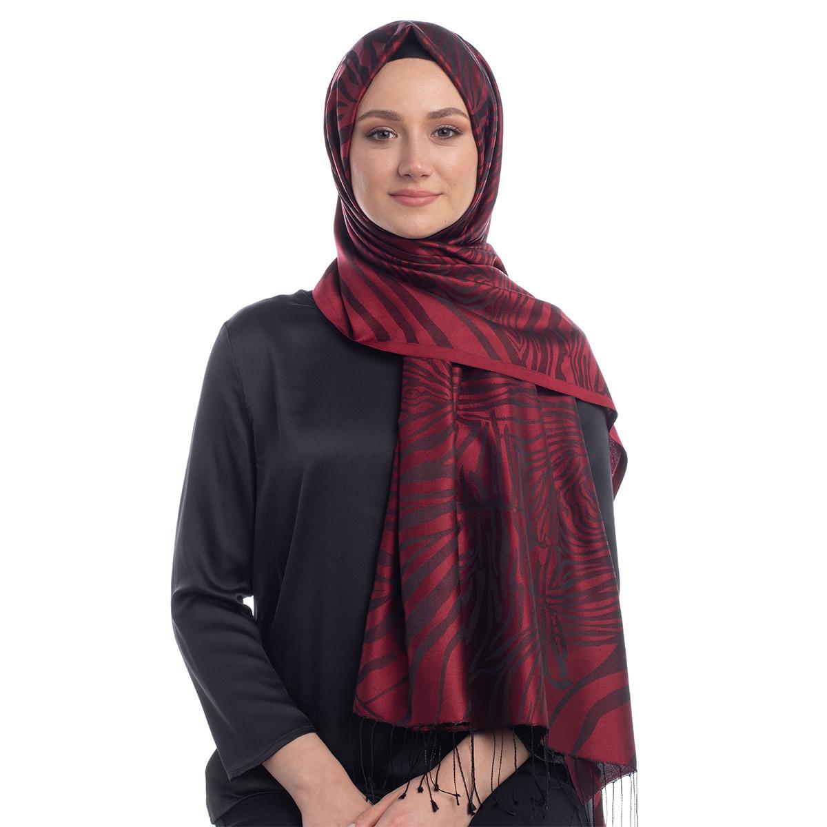 İpekevi Zebra Jakar Desenli İpek Şal 05139-Bordo