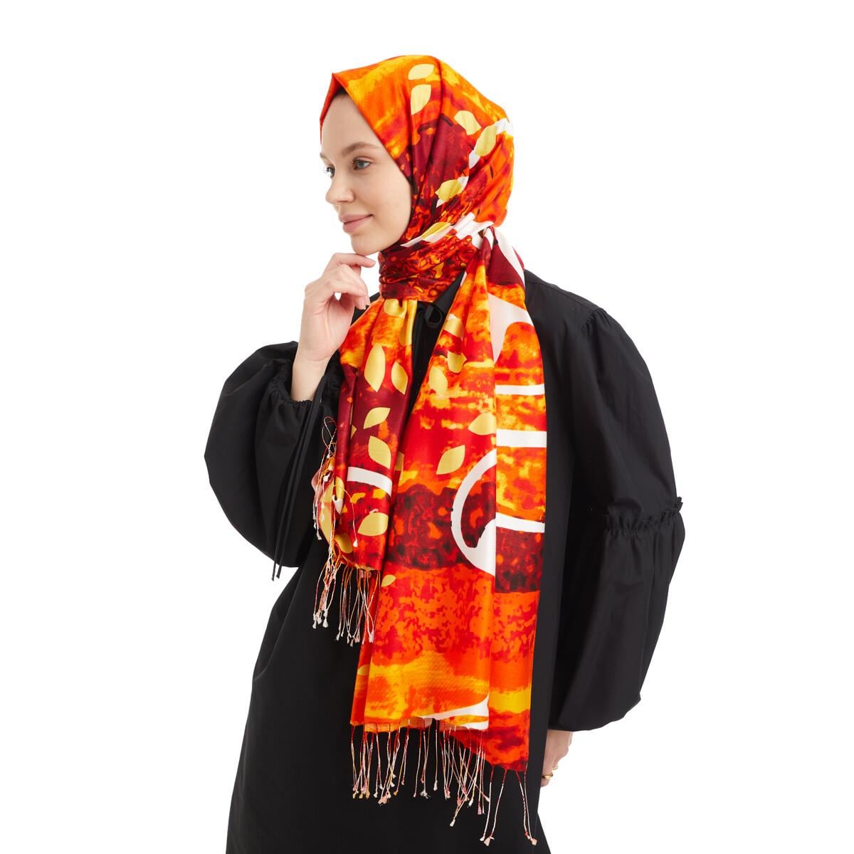 Qoza Sunset Desenli Modal İpek Şal 7779-Turuncu