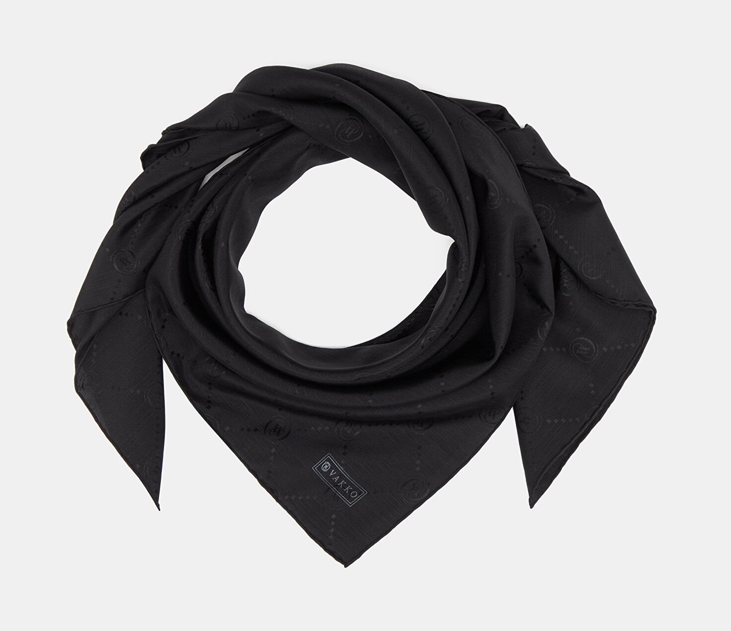 Vakko Monogram Pamuk İpek Eşarp 40828-Siyah