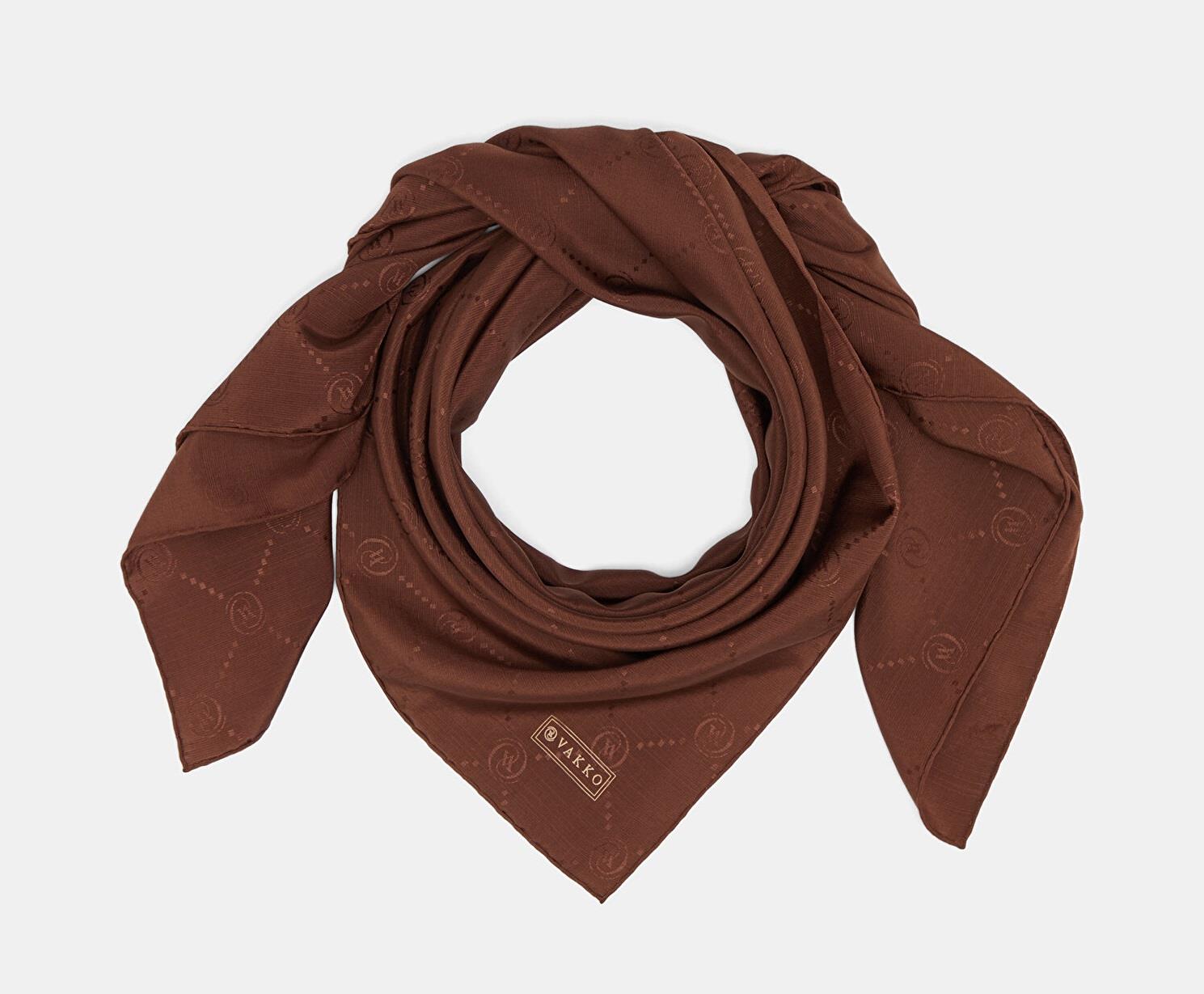 Vakko Monogram Pamuk İpek Eşarp 40828-Kızıl Kahve