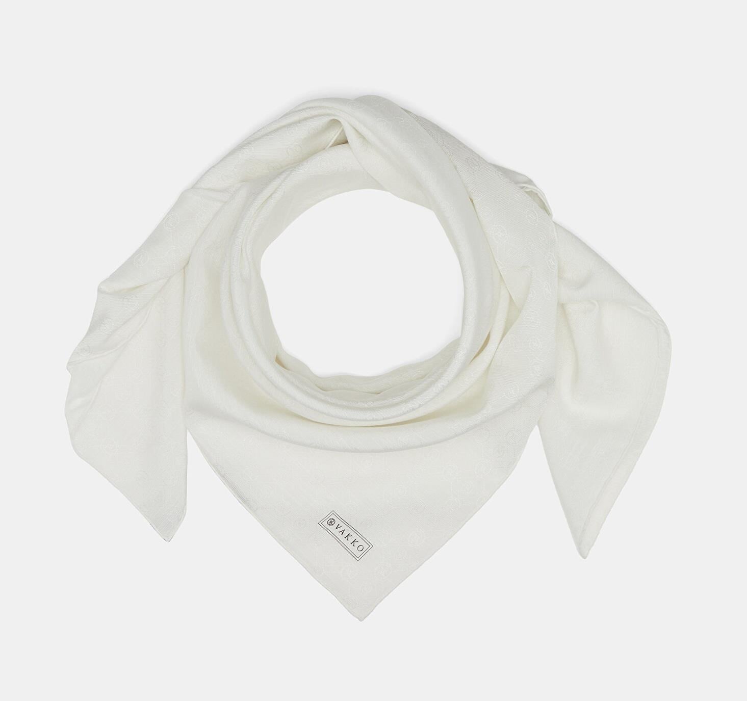Vakko Monogram Pamuk İpek Eşarp 40829-Beyaz
