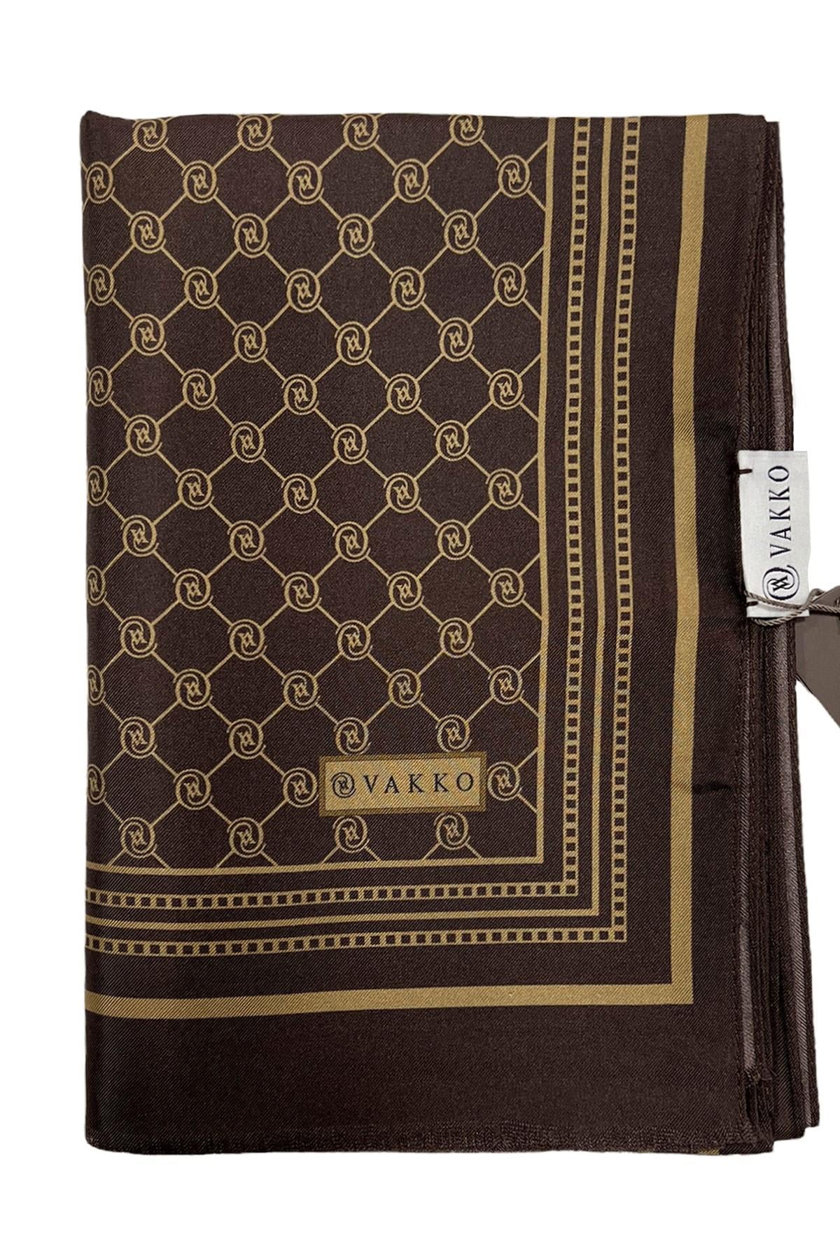 Vakko Monogram Tivil İpek Şal 300088-Koyu Kahve Camel