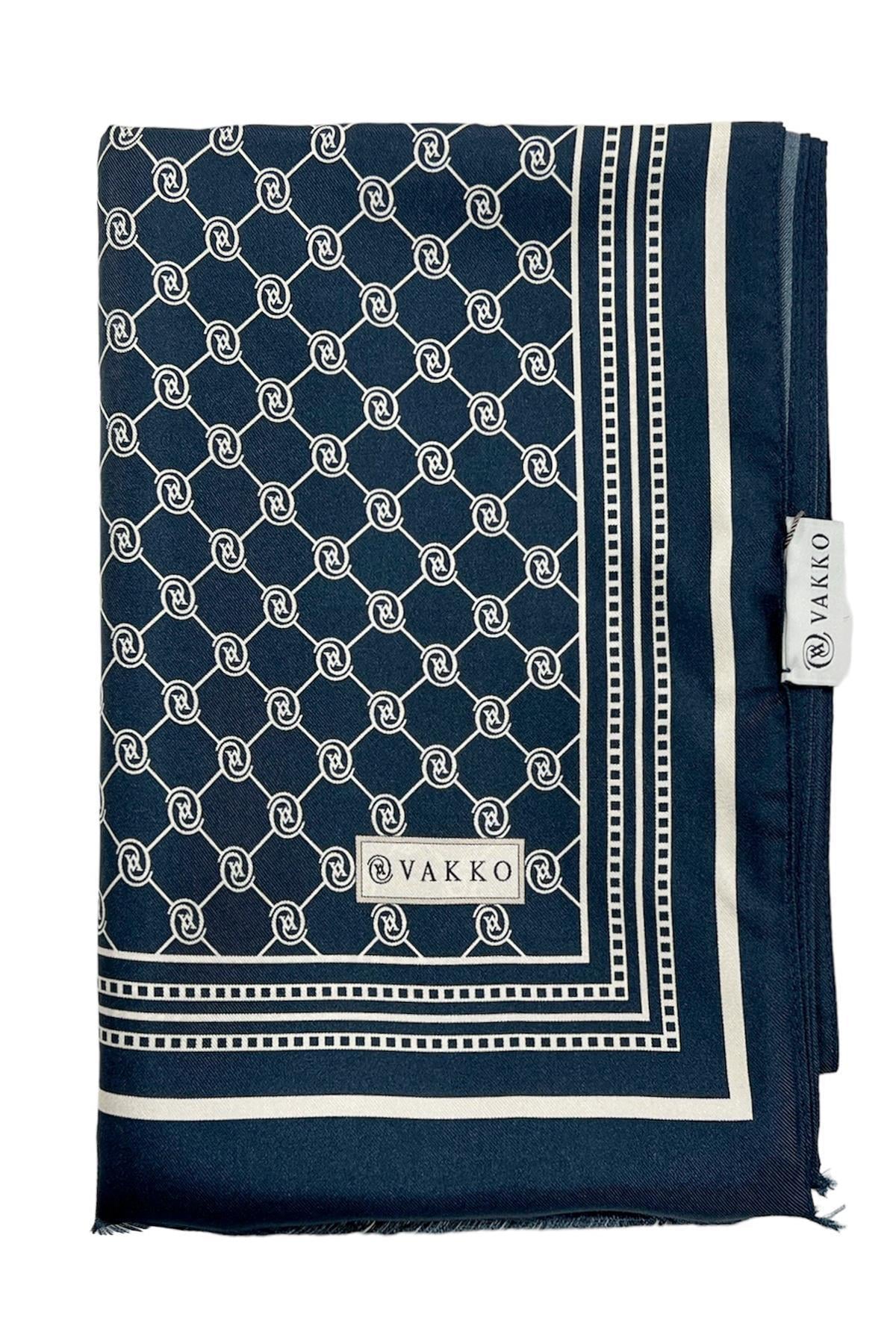 Vakko Monogram Tivil İpek Şal 300088-Lacivert Ekru