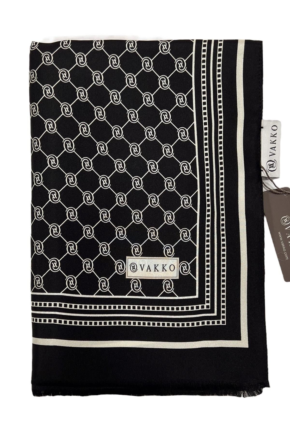 Vakko Monogram Tivil İpek Şal 300088-Siyah Beyaz