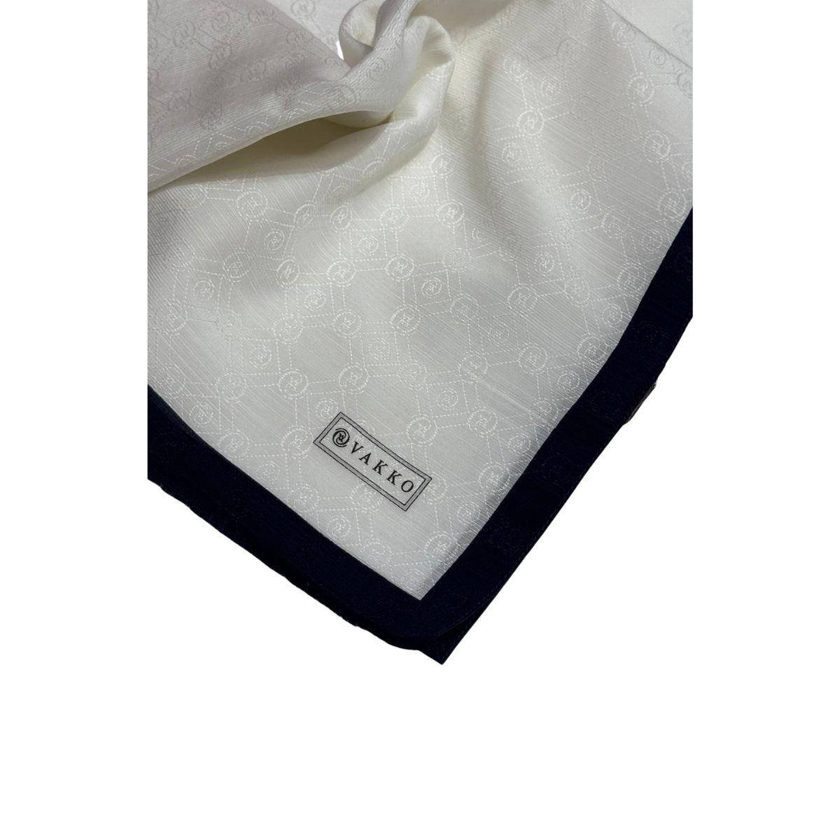 Vakko Pamuk İpek Monogram Şal 44225-Beyaz Lacivert